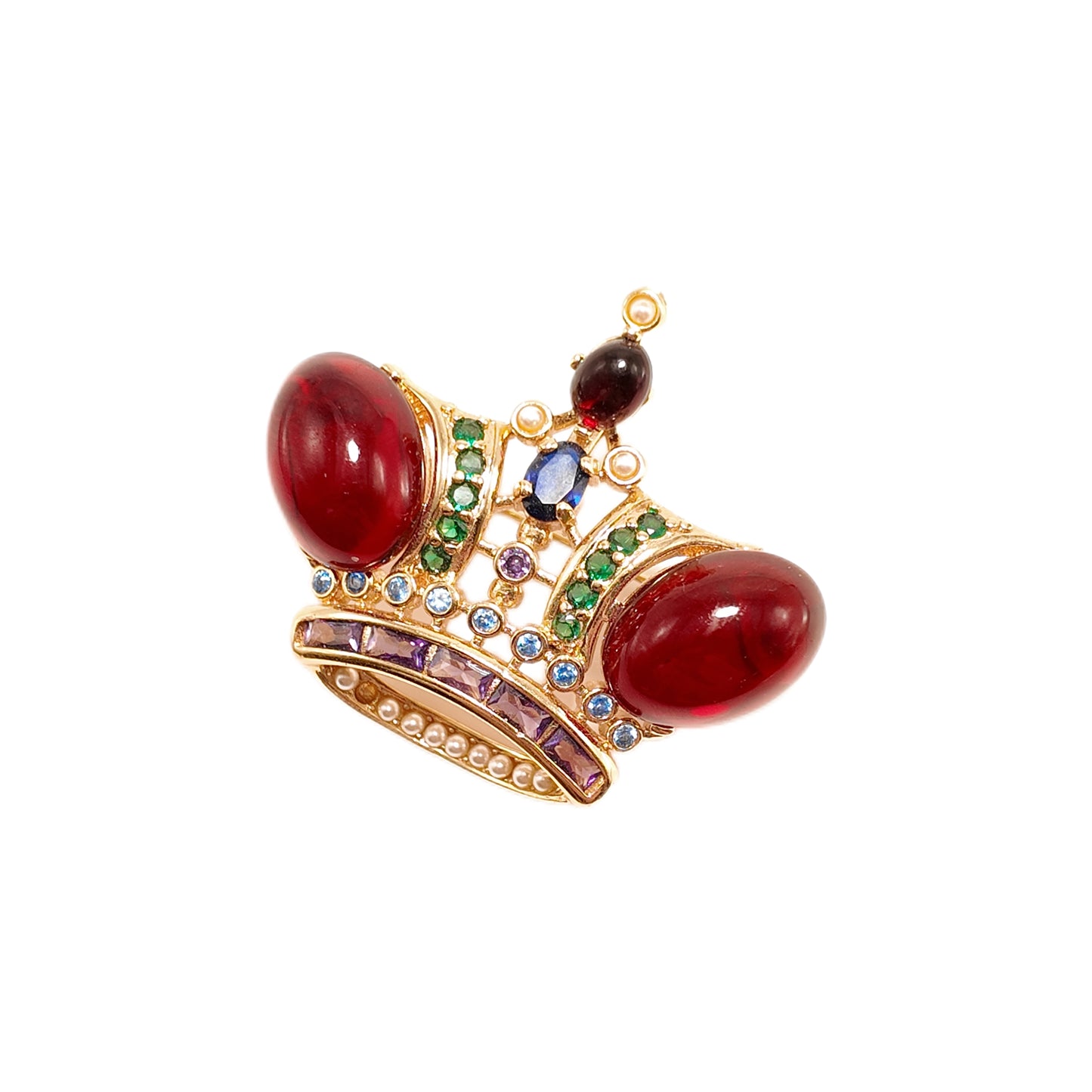 Red glazed colored diamond inlaid crown brooch with a palace retro style