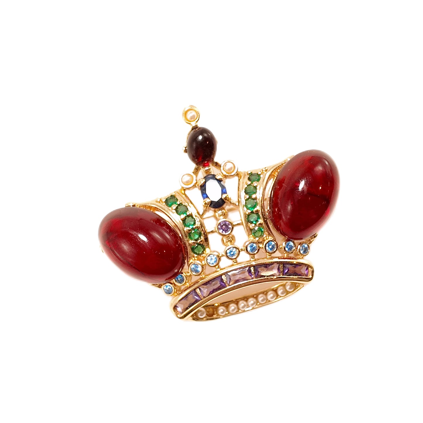 Red glazed colored diamond inlaid crown brooch with a palace retro style