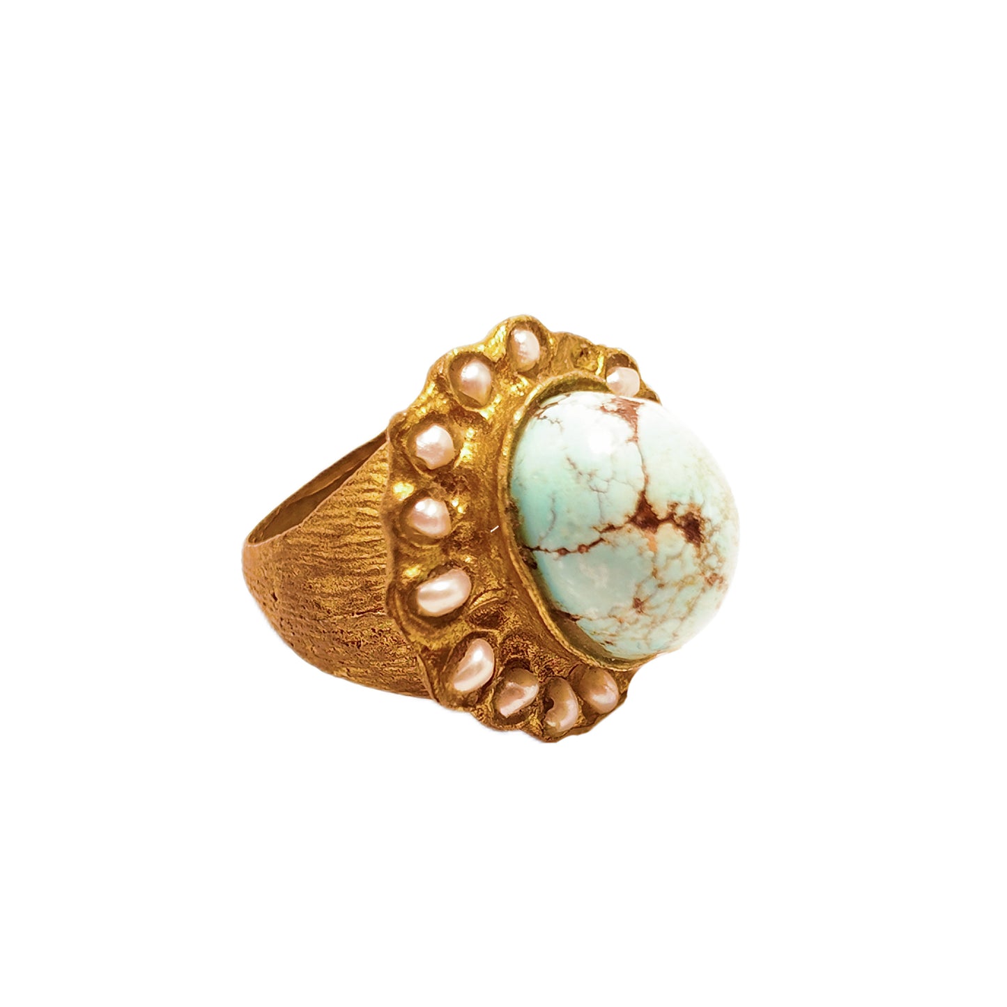 Vintage British 1960s natural turquoise brass ring Baroque pearl inlay court retro style