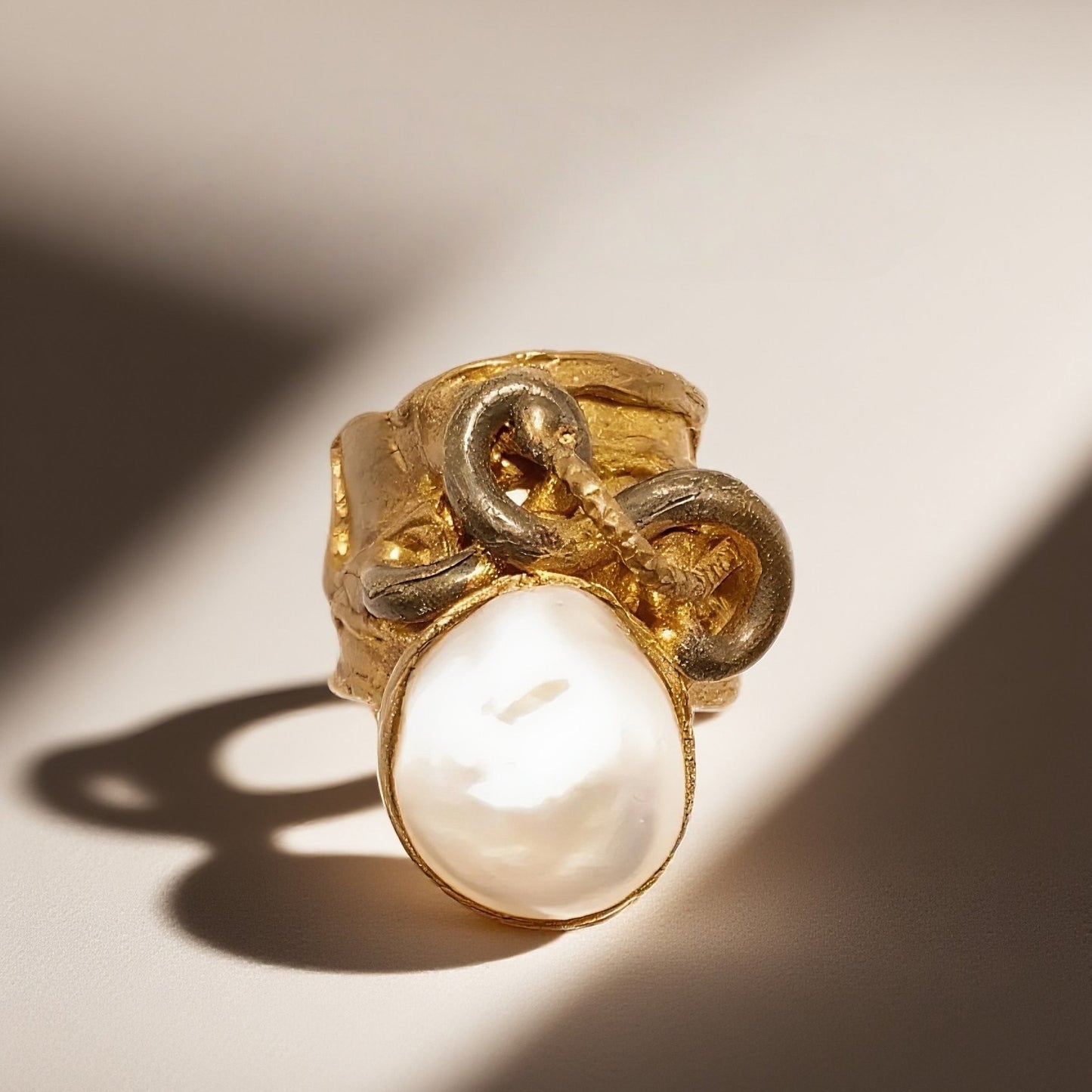 Vintage British 1960s Natural Baroque Pearl Brass Open Ring with Three Dimensional Serpentine Palace Vintage Style