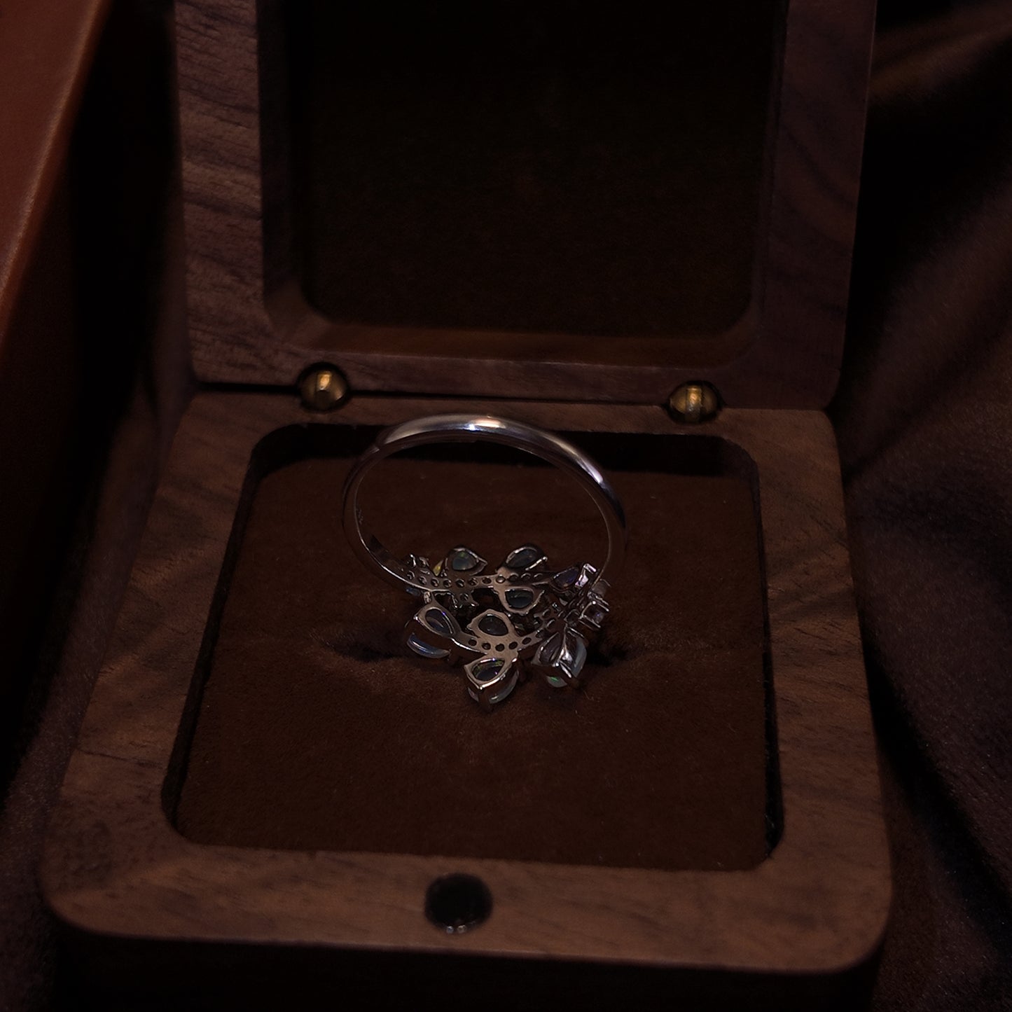 Natural Opal Stone Open Ring S925 Pure Silver Three Layer Multiple Stacked Leaves Layered Palace Vintage