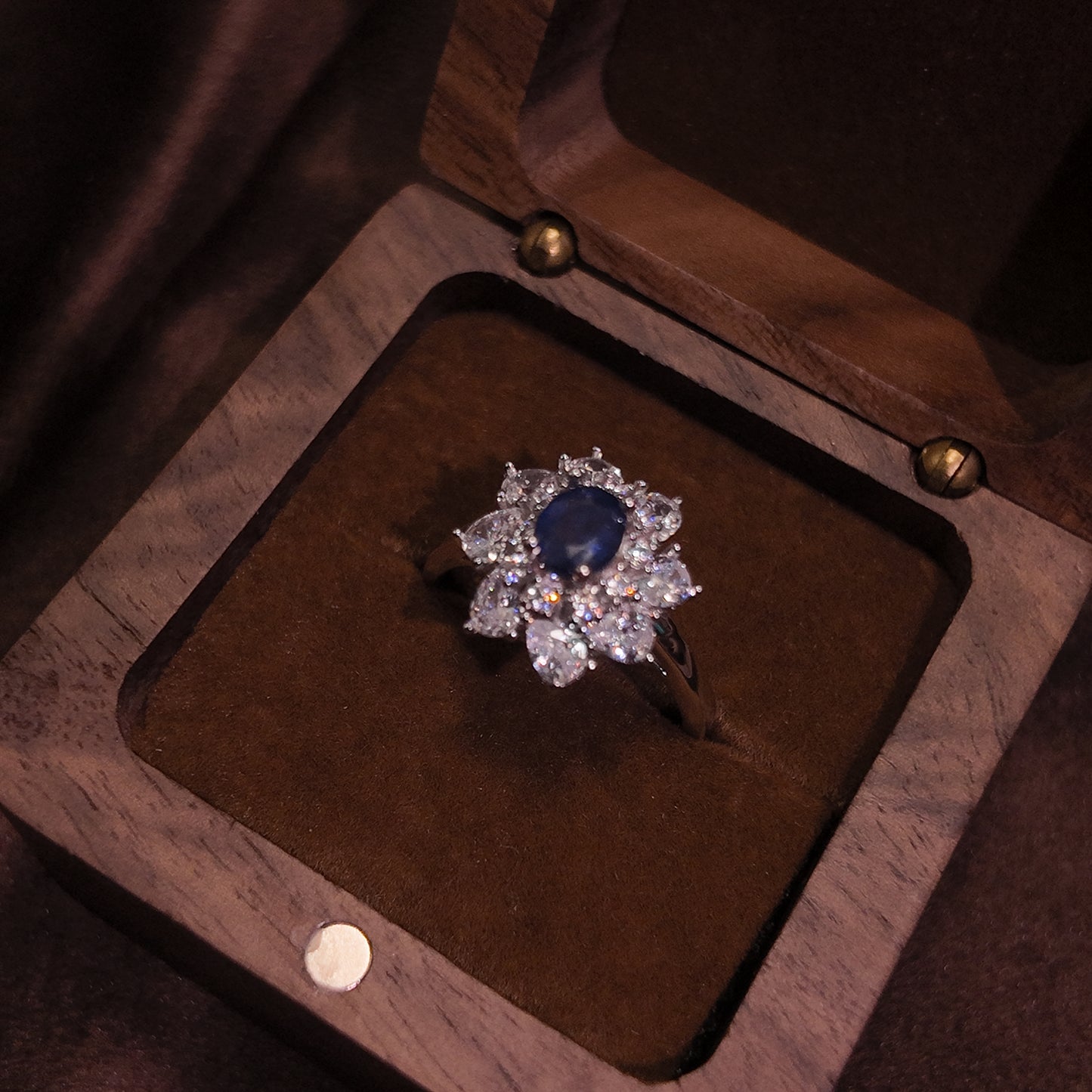 Natural sapphire ring with an open mouth S925 pure silver blue polygonal star shaped court retro