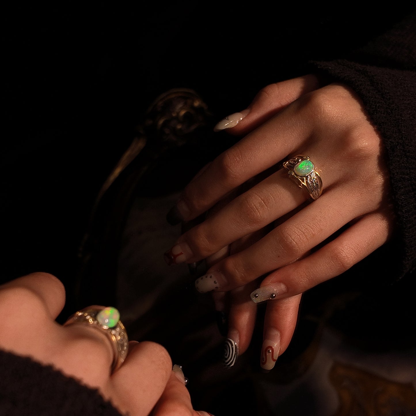 Natural Opal Ring Open Ring S925 Pure Silver Vine Multi Branch Extension Palace Retro