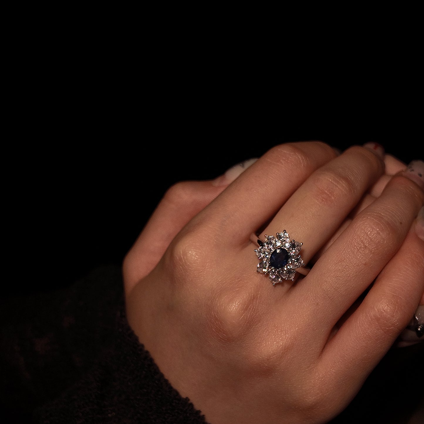 Natural sapphire ring with an open mouth S925 pure silver blue polygonal star shaped court retro