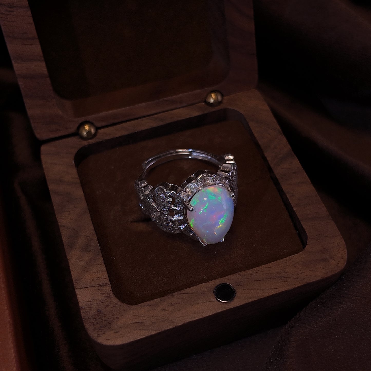 Natural Opal Stone Open Ring S925 Pure Silver Colorful Water Drop shaped Opal Hollow Edge Design Palace Retro