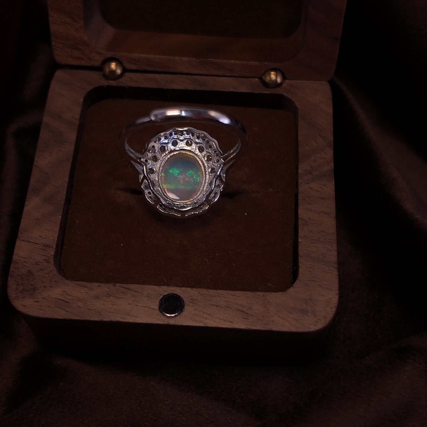 Natural Opal Stone Open Ring S925 Pure Silver Colorful Round Opal Round Lace Set with Diamond Palace Retro