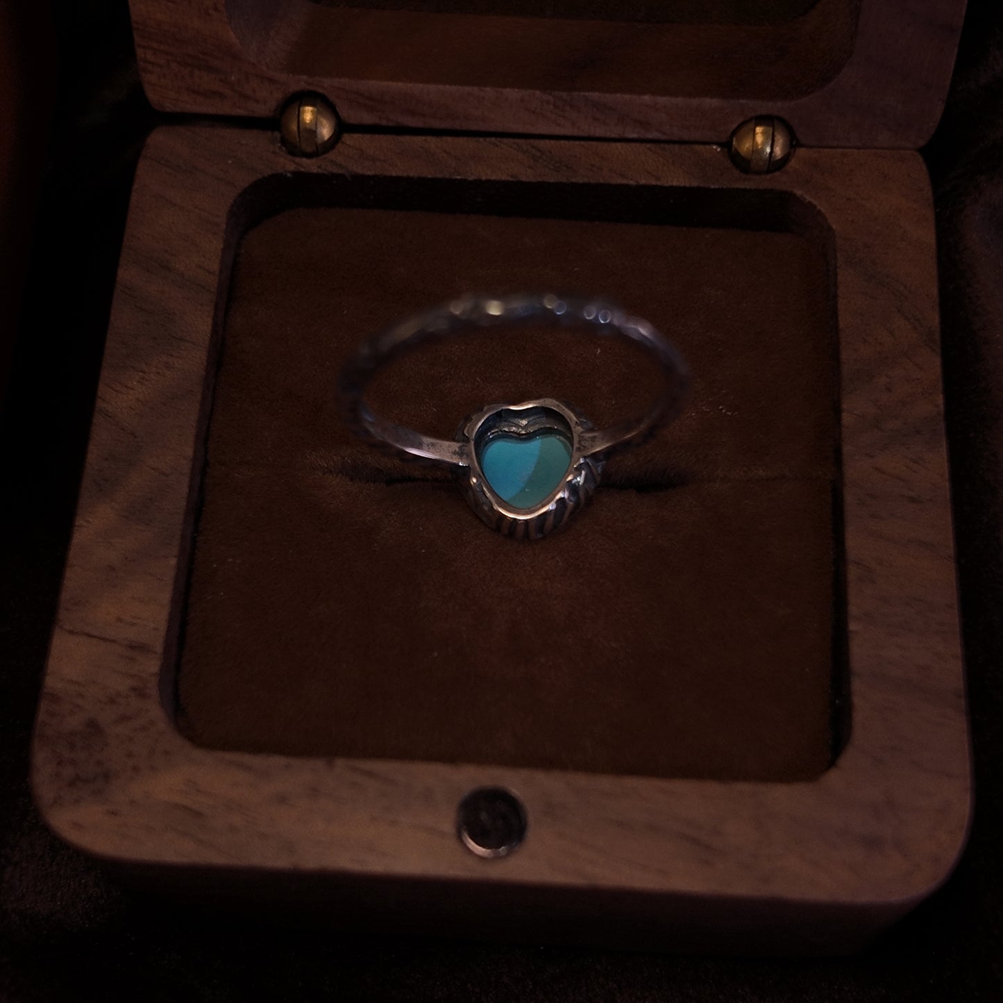 Natural turquoise open ring S925 pure silver green heart hand hammer pattern ring body court retro