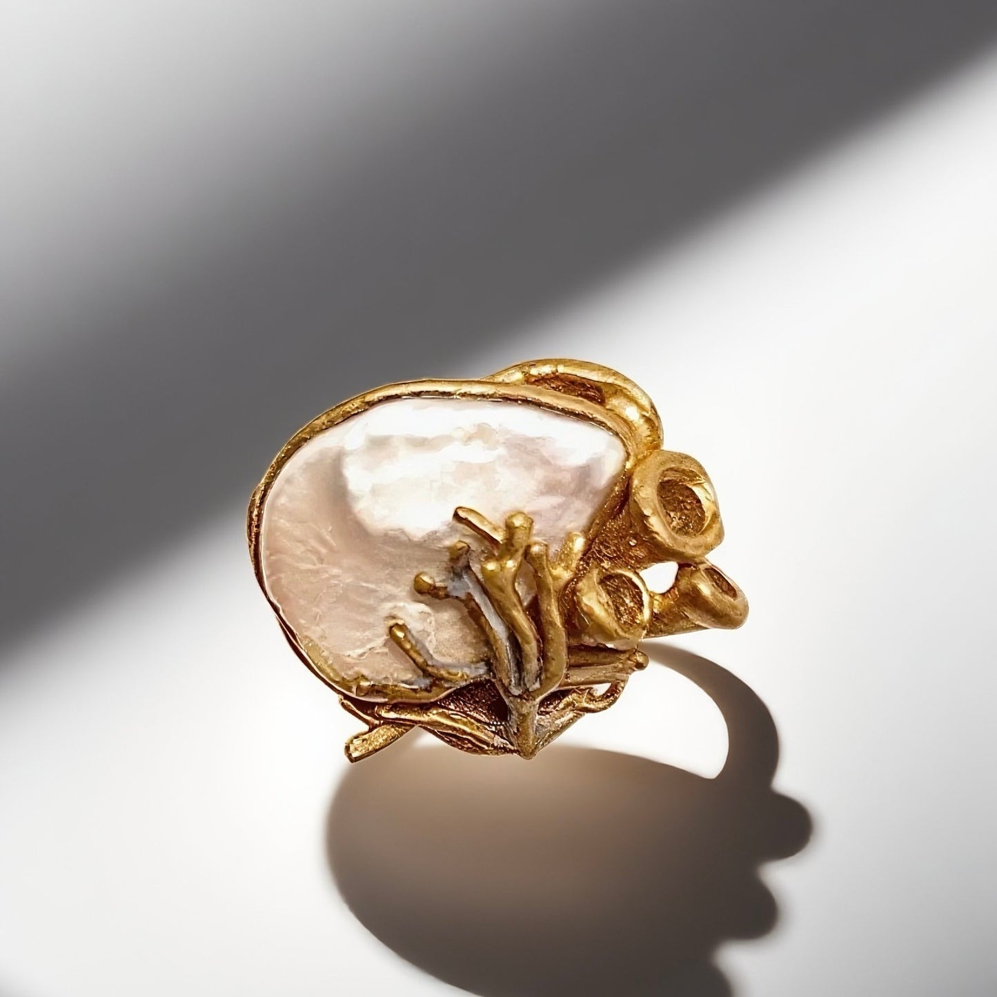 Vintage British 1960s Baroque Pearl Brass Open Ring with Three Dimensional Hollow Pattern Palace Vintage Style