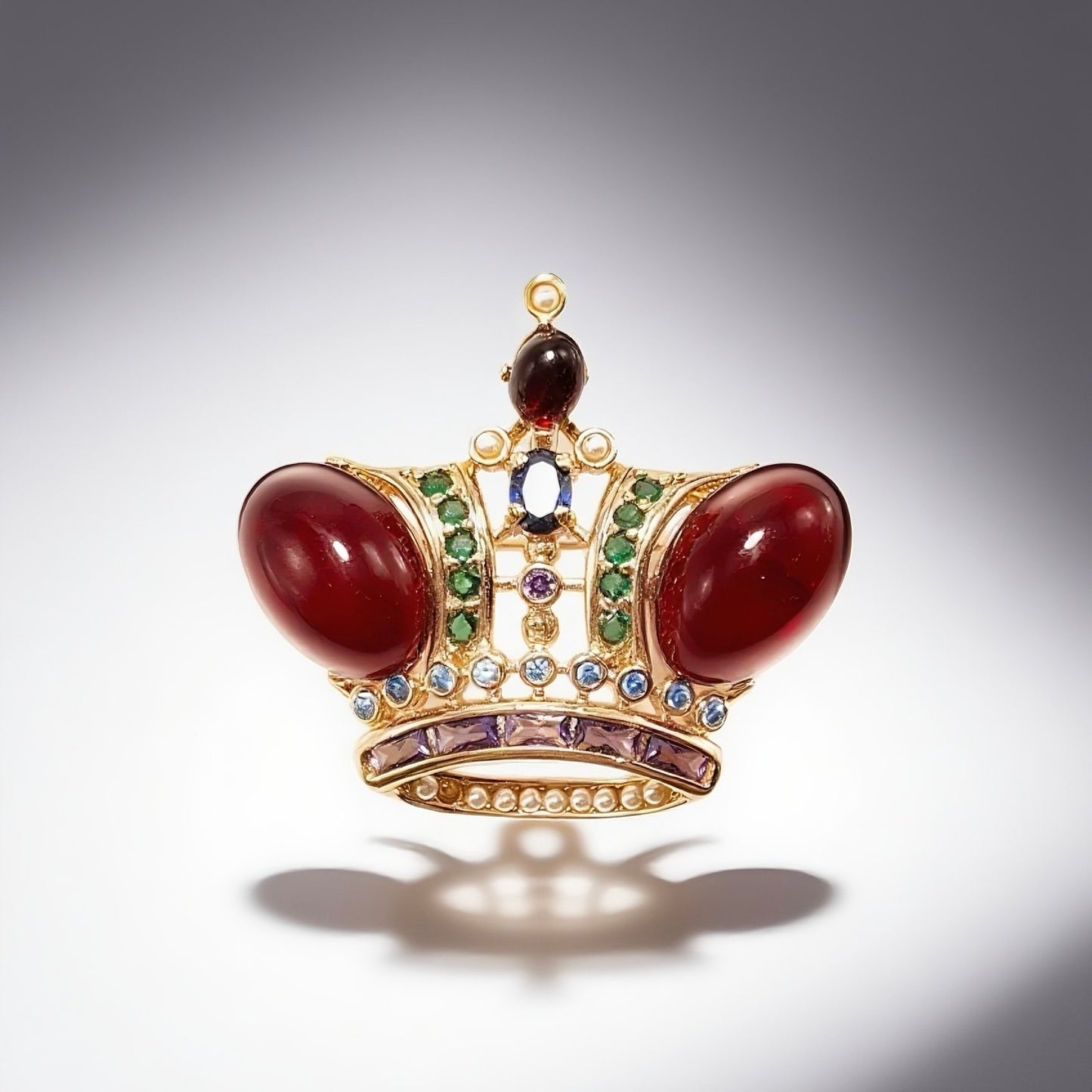 Red glazed colored diamond inlaid crown brooch with a palace retro style