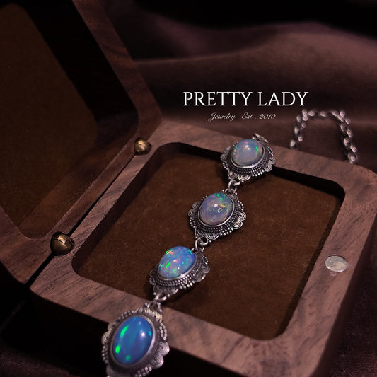 Natural Opal Stone Bracelet S925 Solid Silver Oval Colorful Design Palace Retro