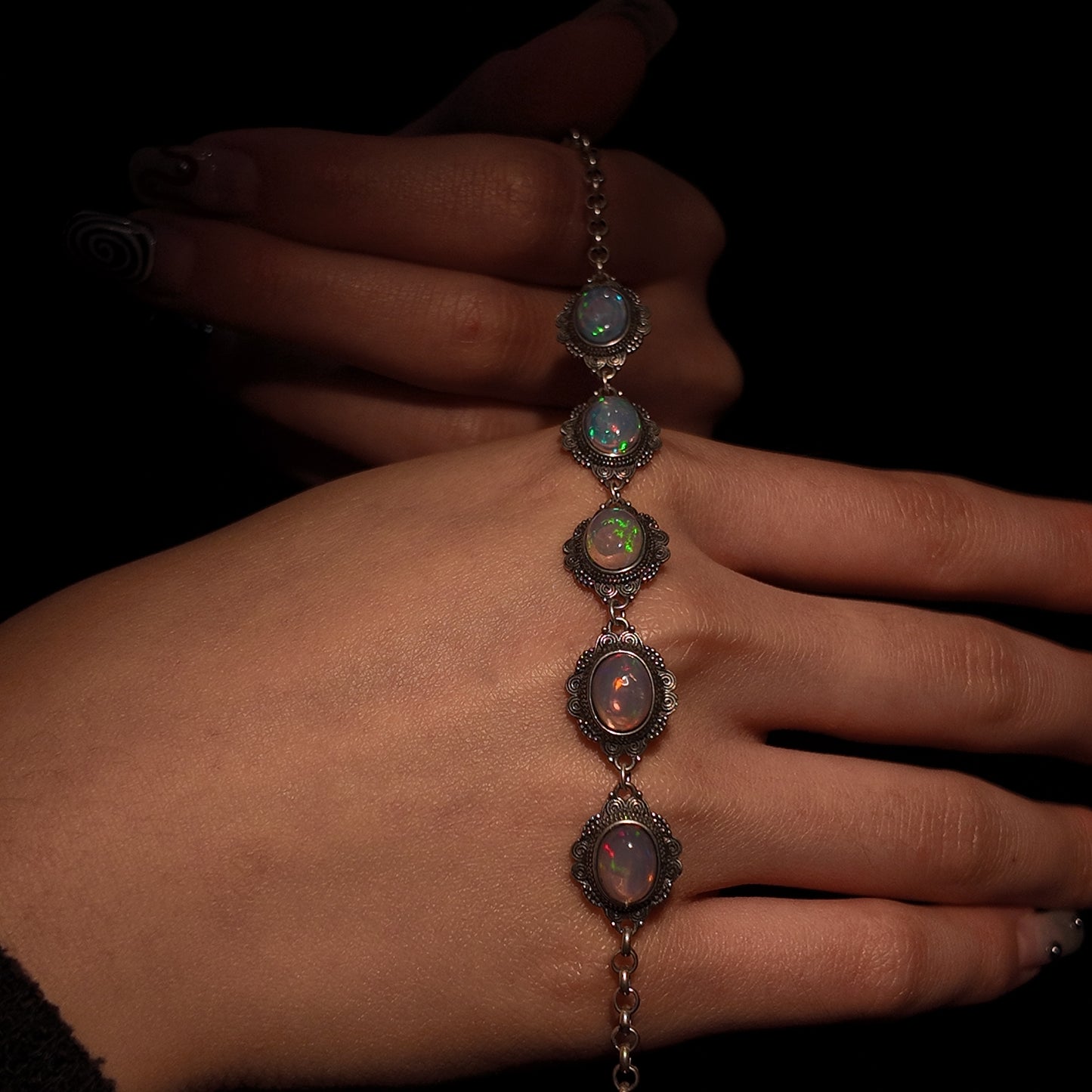 Natural Opal Stone Bracelet S925 Solid Silver Oval Colorful Design Palace Retro