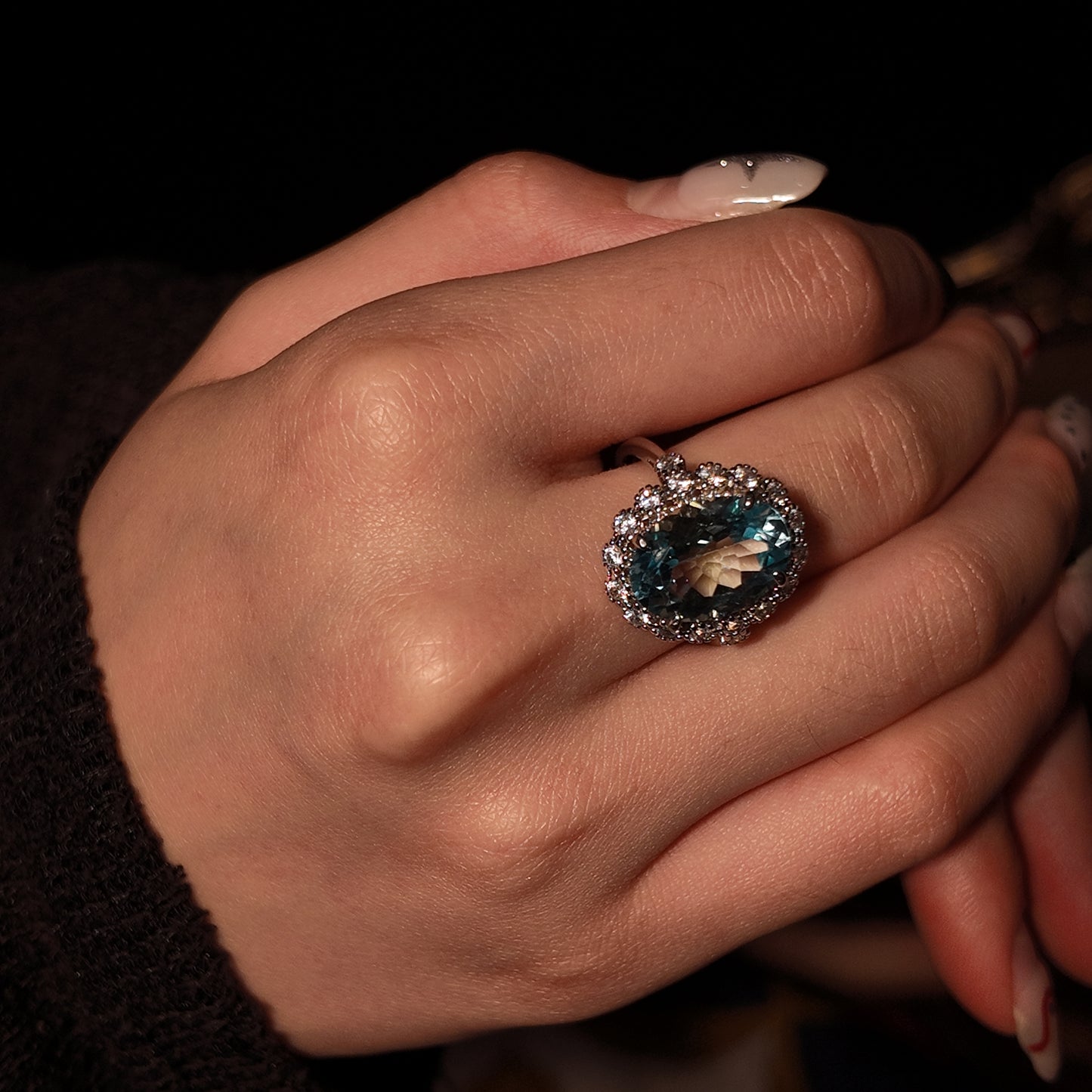 Natural Topaz Open Ring S925 Solid Silver Large Oval Inlaid with Small Exquisite Vintage Design