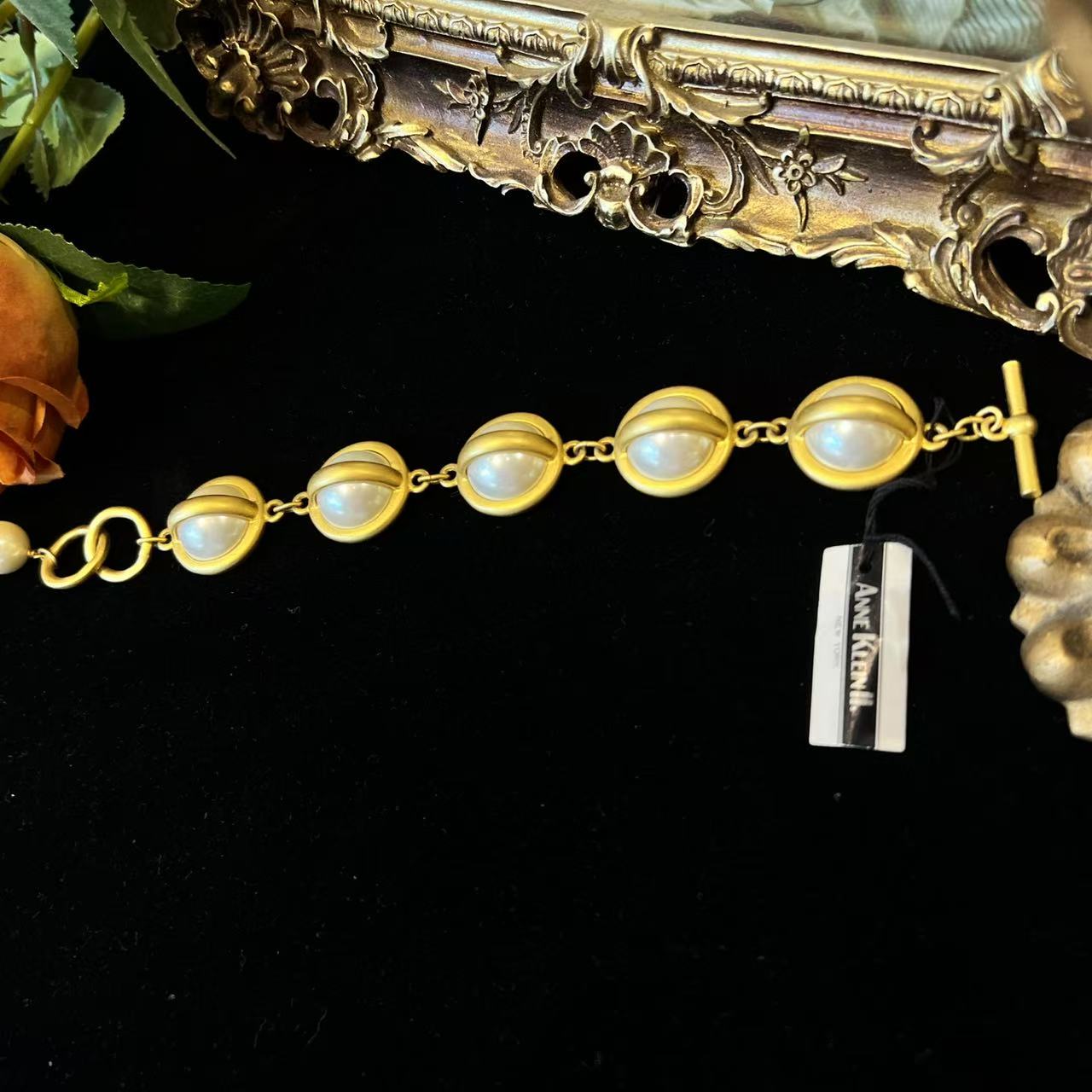 Vintage AnneKlein Marking Bracelet Half Round Pearl Imitation Three Dimensional Gold Plated Palace Vintage Style