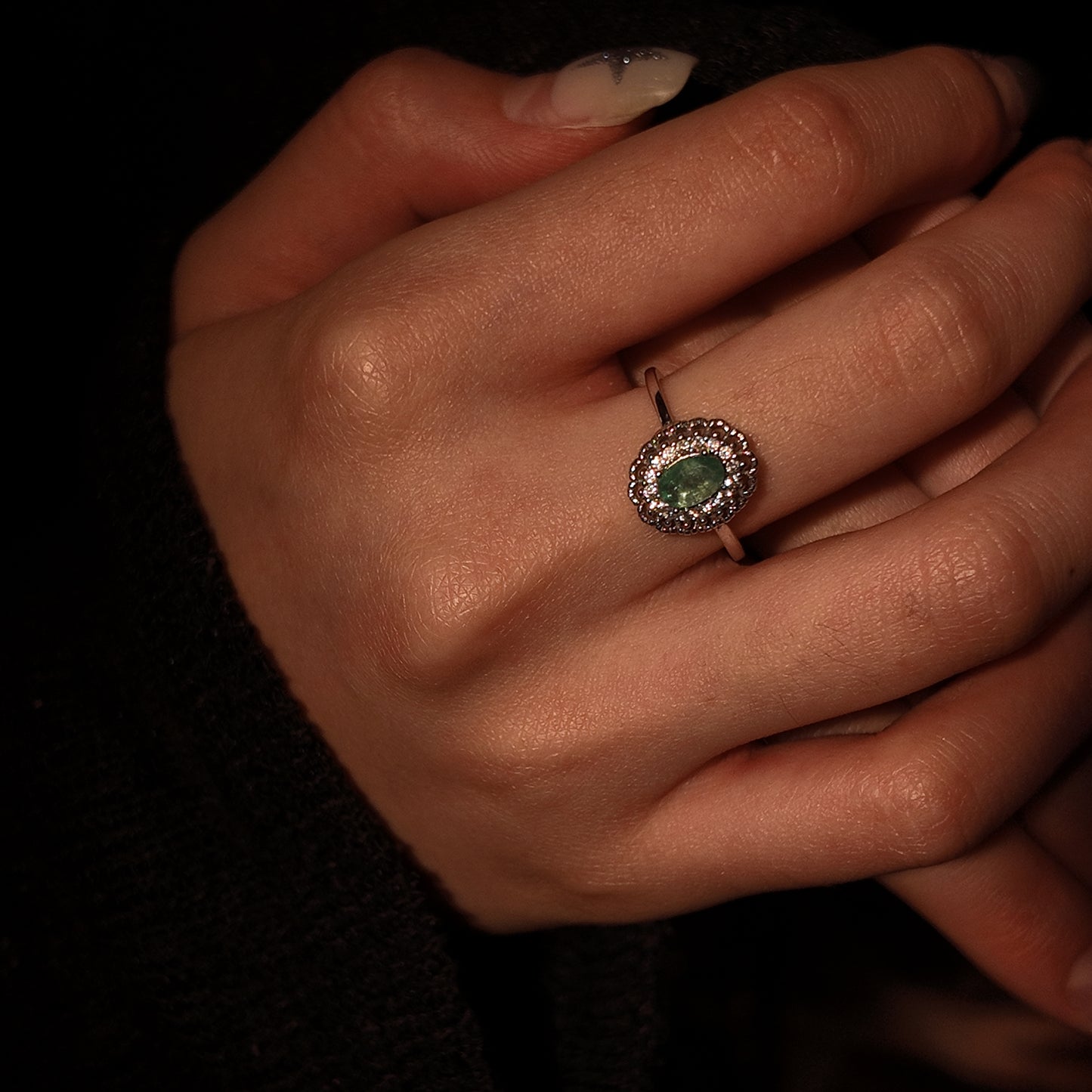Natural emerald open ring S925 pure silver hollow lace niche exquisite retro