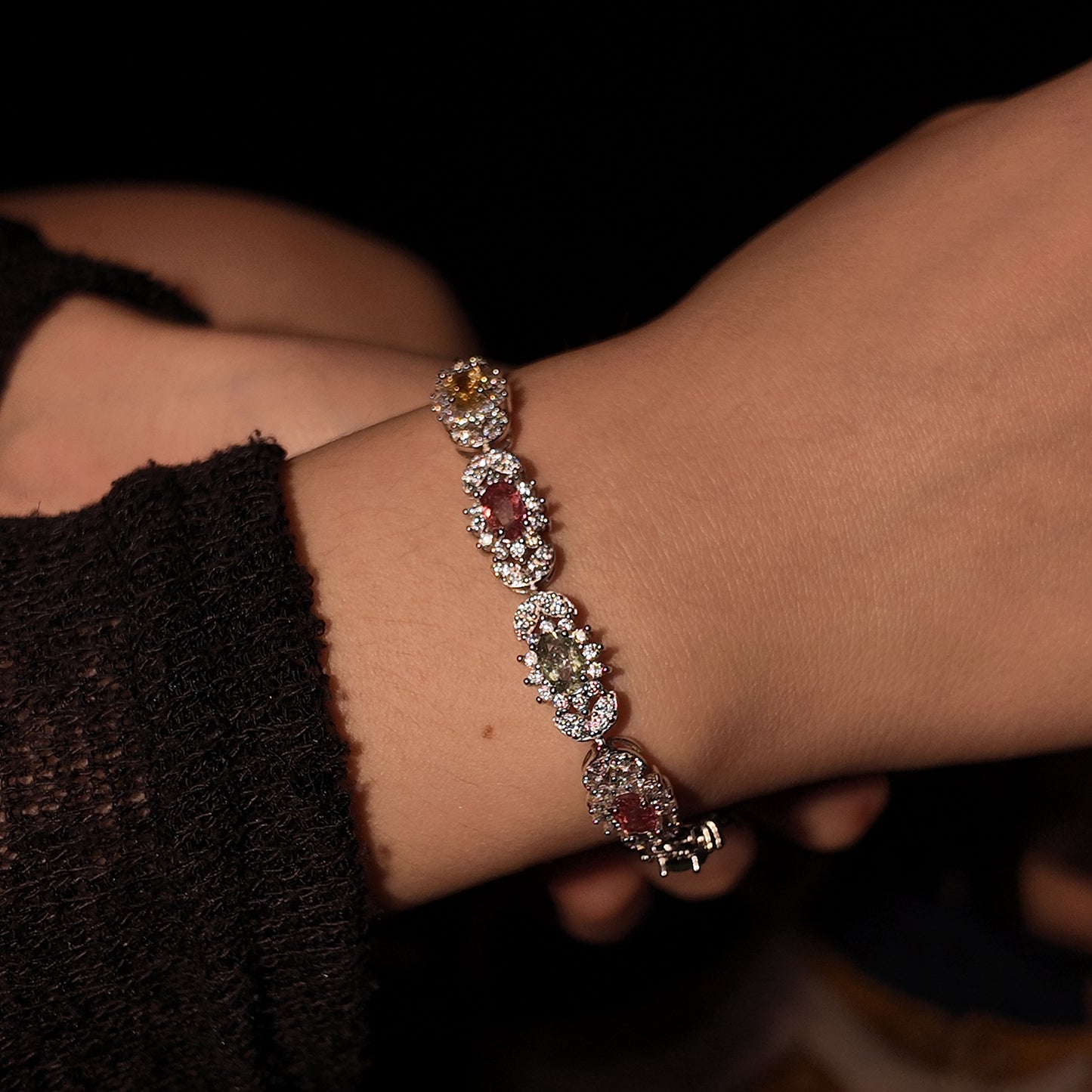 Natural tourmaline colored bracelet S925 pure silver pink green yellow splicing niche exquisite small retro