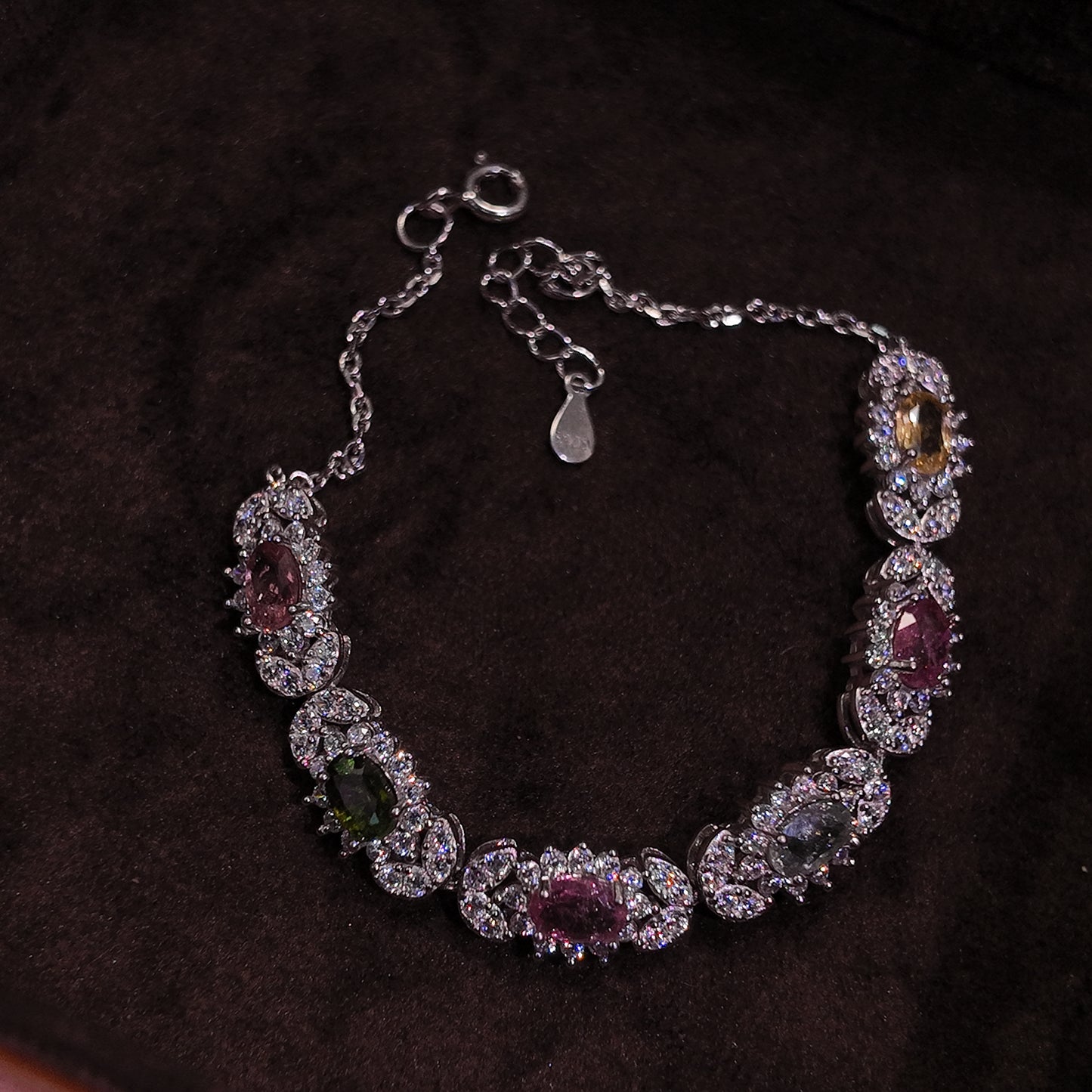 Natural tourmaline colored bracelet S925 pure silver pink green yellow splicing niche exquisite small retro