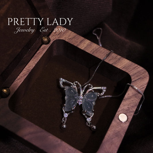Natural Jadeite A-grade Necklace S925 Pure Silver Dynamic Butterfly Palace Retro