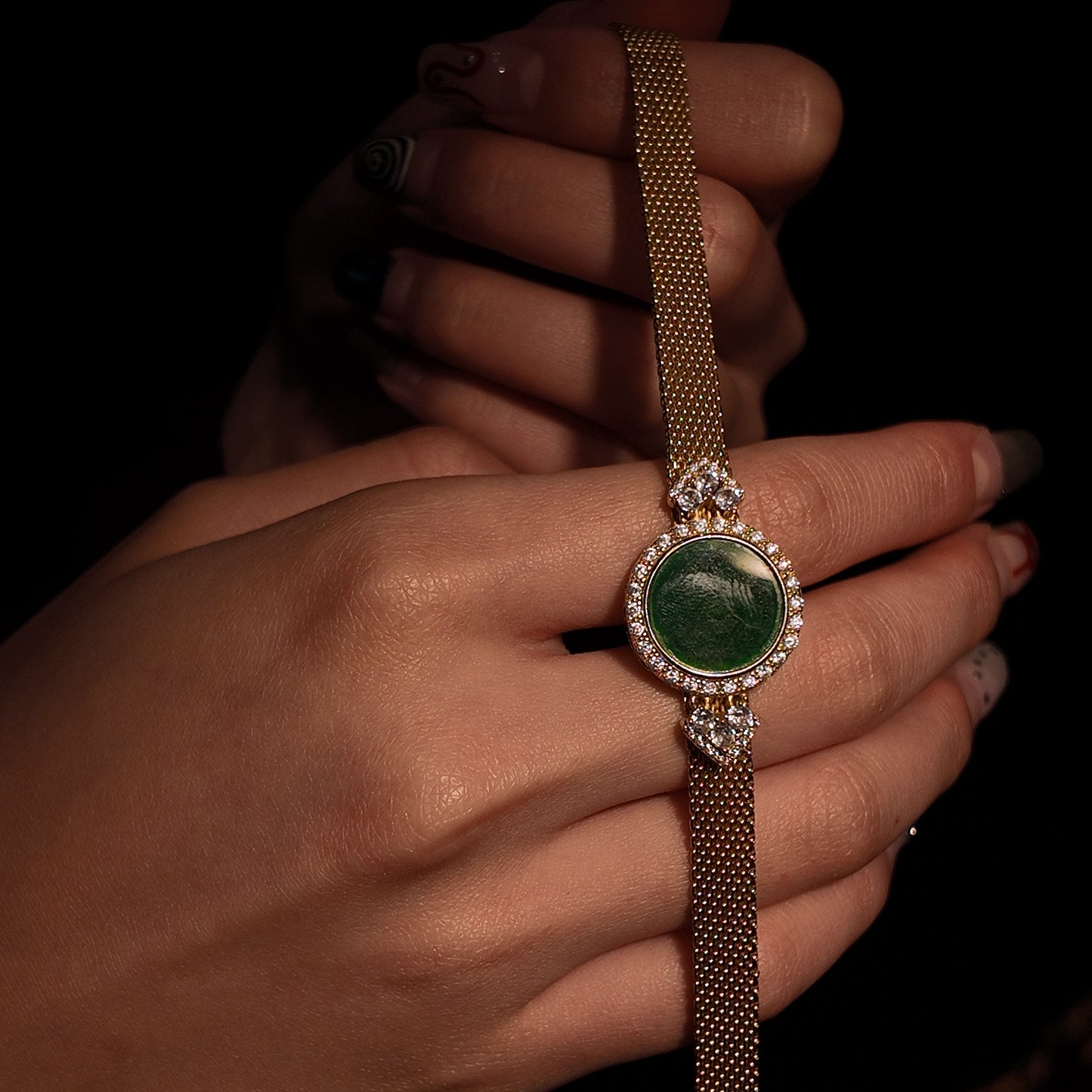 Natural Jadeite A-grade Bracelet S925 Pure Silver Green Dial Design Palace Retro