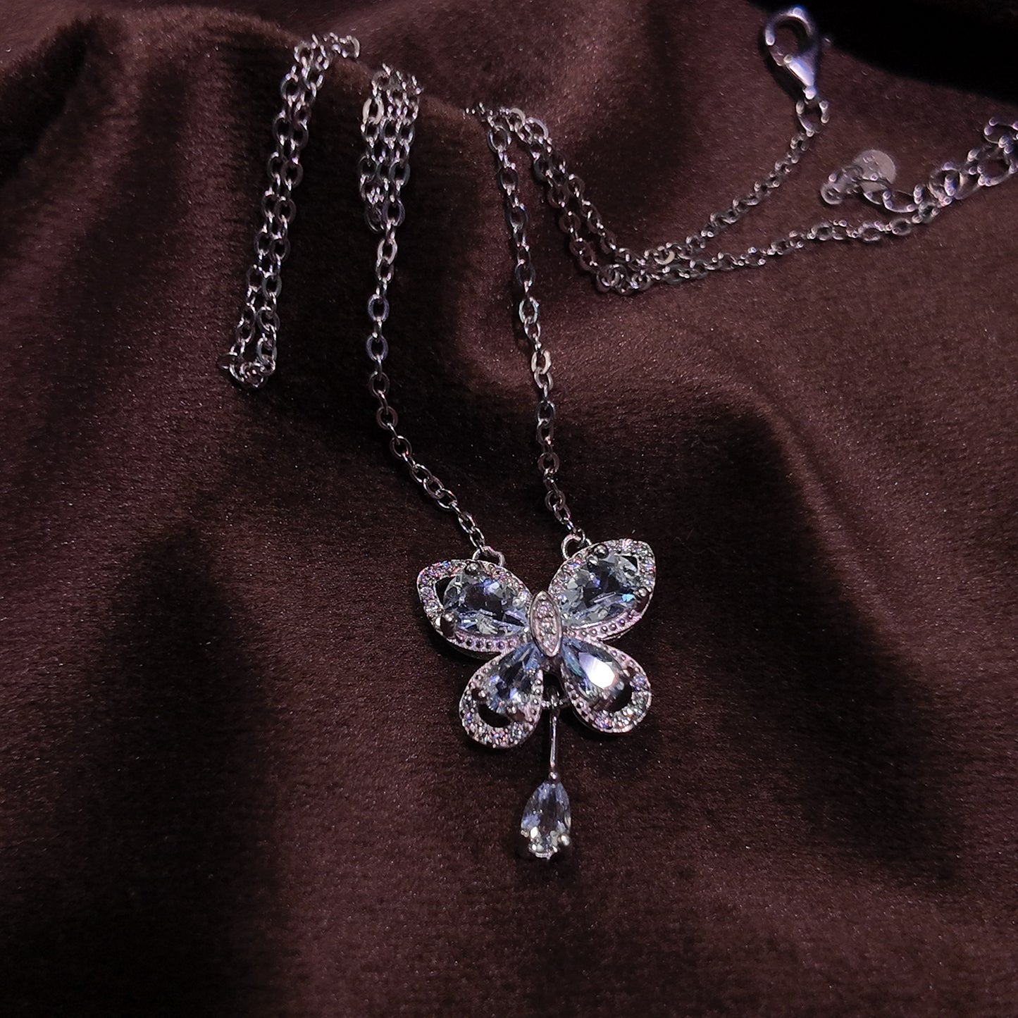 Natural Sea Blue Treasure Necklace S925 Pure Silver Light Blue Butterfly Dynamic Pendant Palace Retro