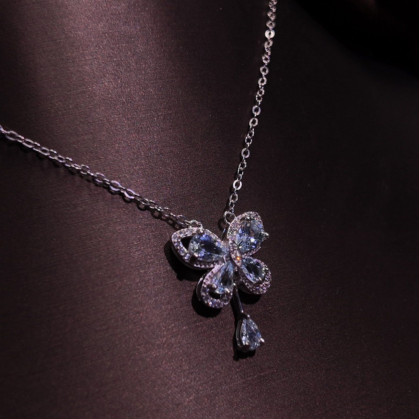 Natural Sea Blue Treasure Necklace S925 Pure Silver Light Blue Butterfly Dynamic Pendant Palace Retro