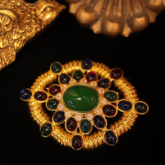 Vintage oval sunflower brooch red green blue glazed heavy industry palace retro style