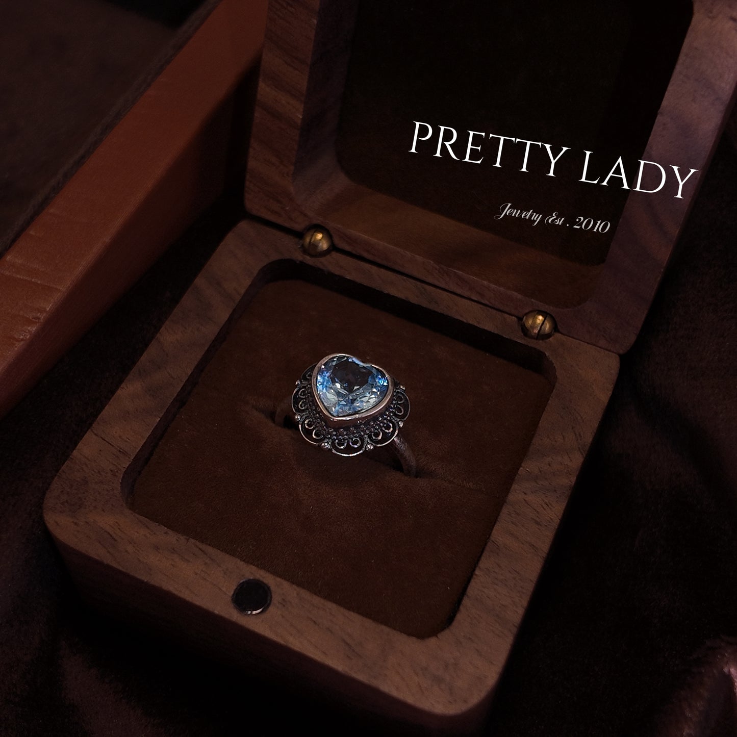 Natural Topaz Open Ring S925 Pure Silver Blue Heart Hollow Lace Palace Vintage