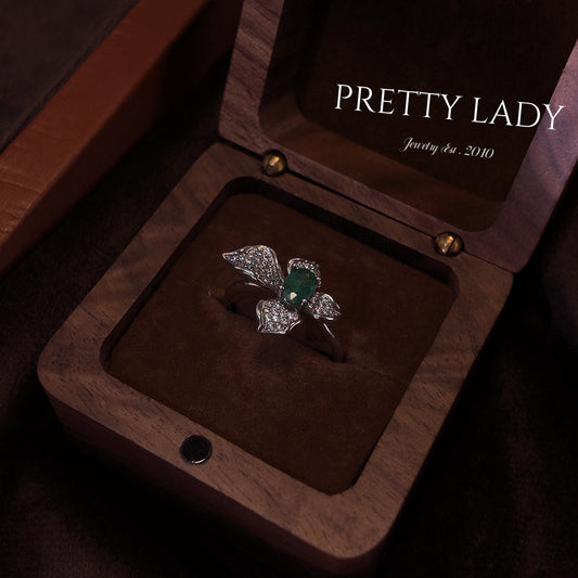 Natural emerald open ring S925 pure silver green petal set with diamonds wrapped in gemstones palace retro