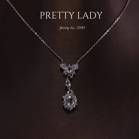 Natural aquamarine necklace S925 pure silver rose blue butterfly geometric inlaid diamond splicing pendant design court retro