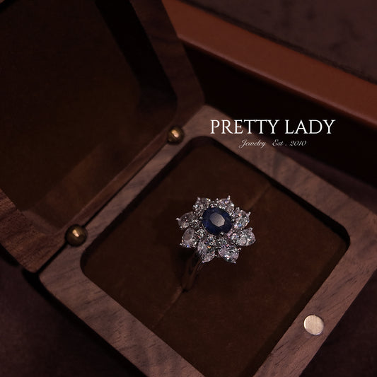 Natural sapphire ring with an open mouth S925 pure silver blue polygonal star shaped court retro