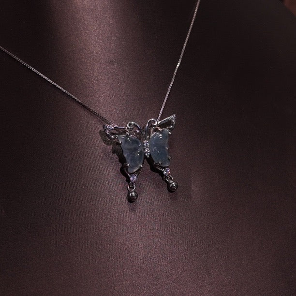 Natural Jadeite A-grade Necklace S925 Pure Silver Dynamic Butterfly Palace Retro