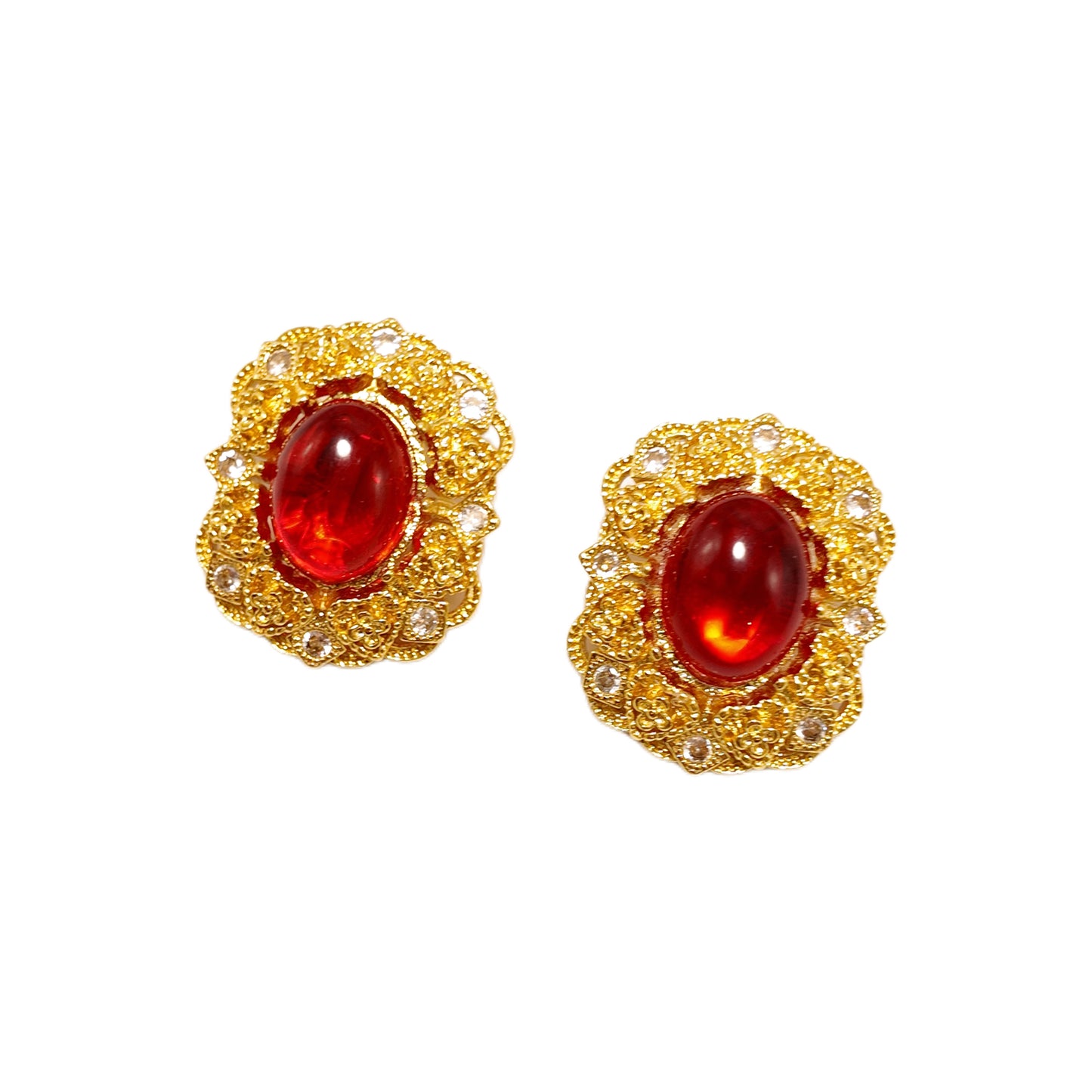 “Liu Fang Hong Zhang”Vintage WEST Label Earclip Red Glass Noble and Elegant Retro Palace Style