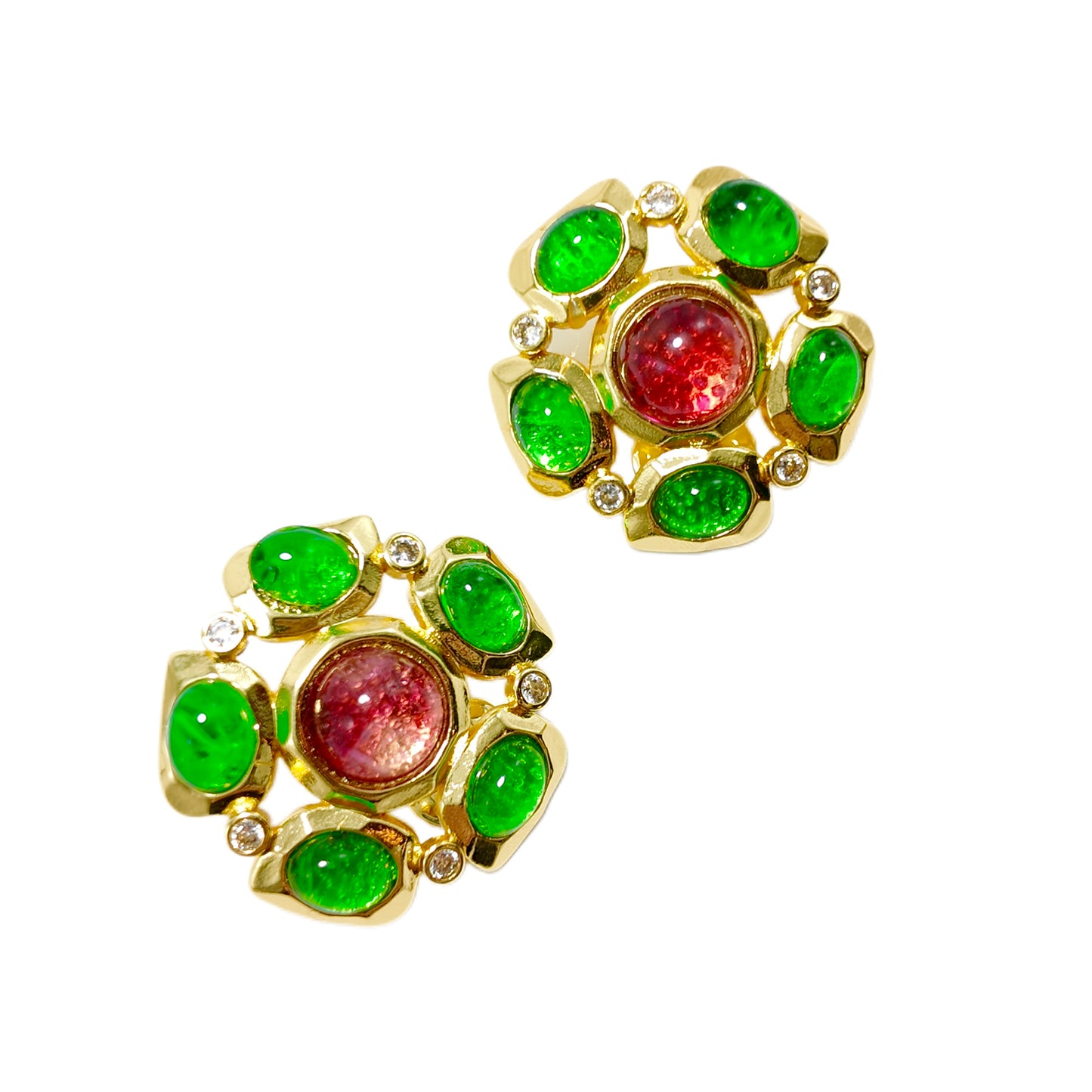 Red and green two-color glass splicing flower ear clip, palace retro romantic retro