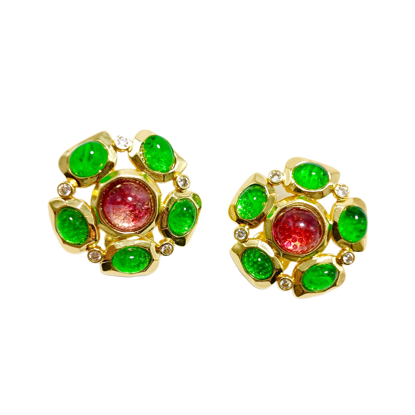 Red and green two-color glass splicing flower ear clip, palace retro romantic retro