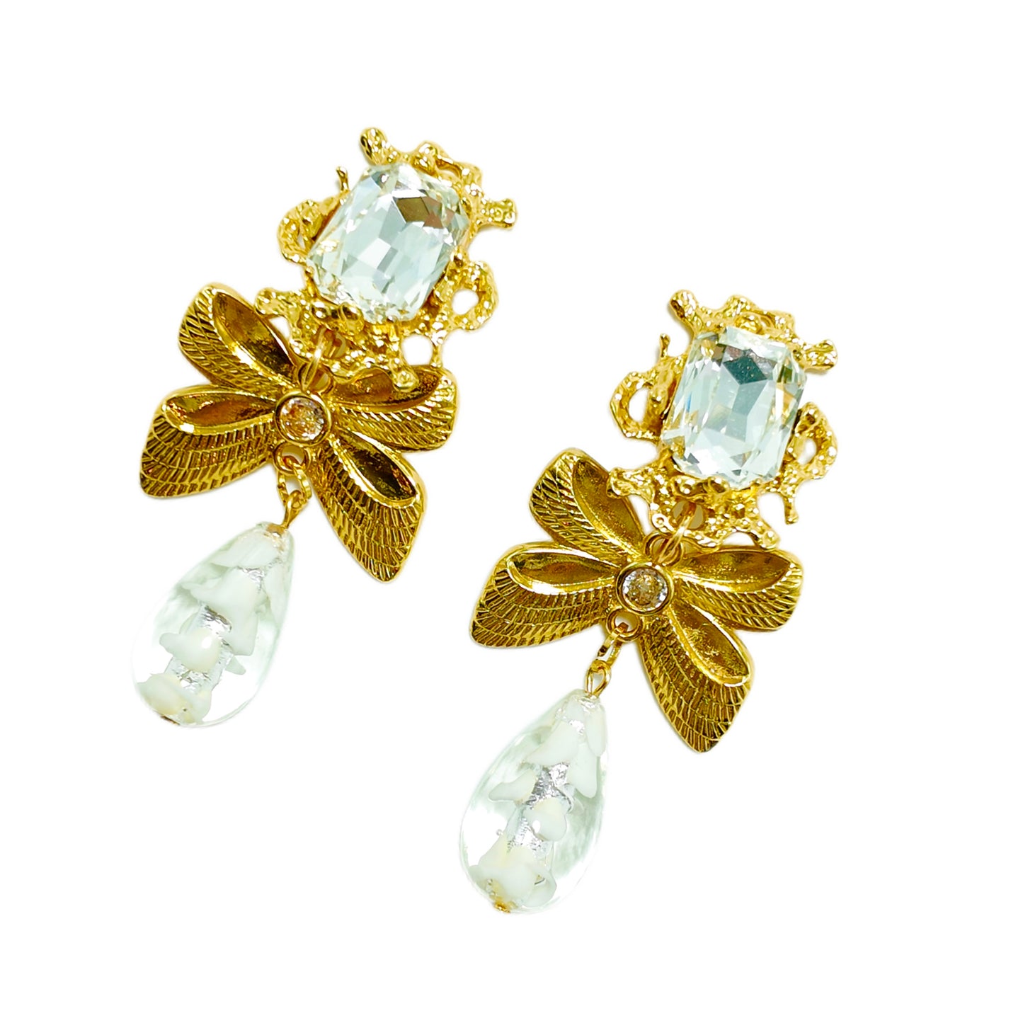 Gavilane the King of Retro White Chapalli Glass Romantic Bow Splicing Water Drop Sweep Shoulder Eardrops Ear Clip