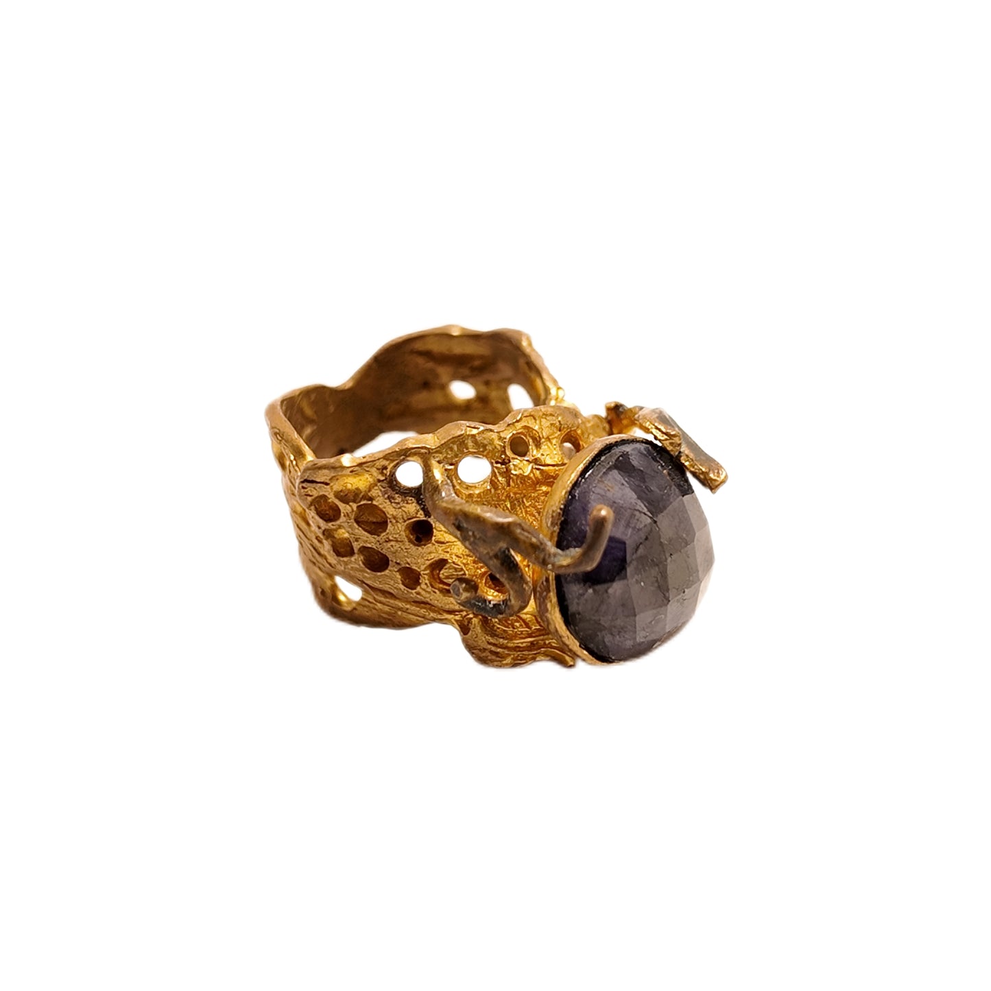 Vintage British 1960s natural stone brass ring with oval shaped three-dimensional tulips surrounding the palace retro style