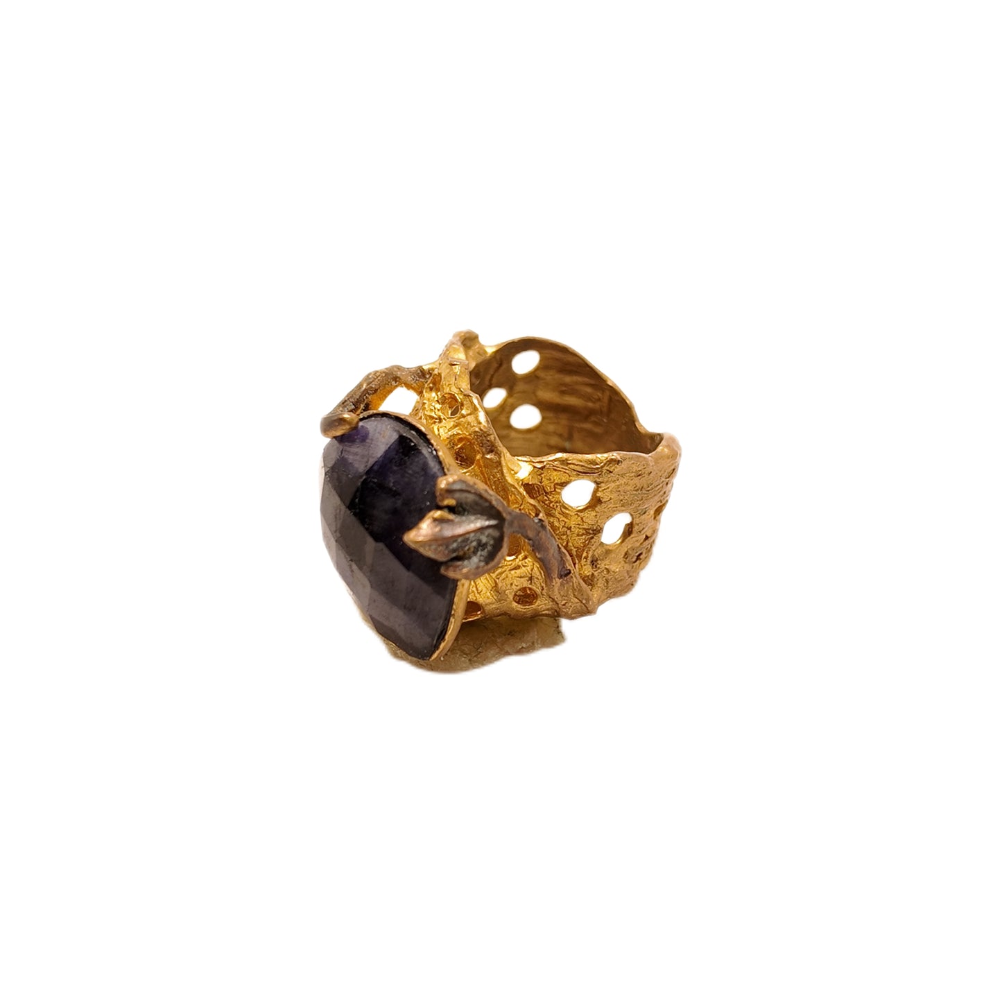 Vintage British 1960s natural stone brass ring with oval shaped three-dimensional tulips surrounding the palace retro style