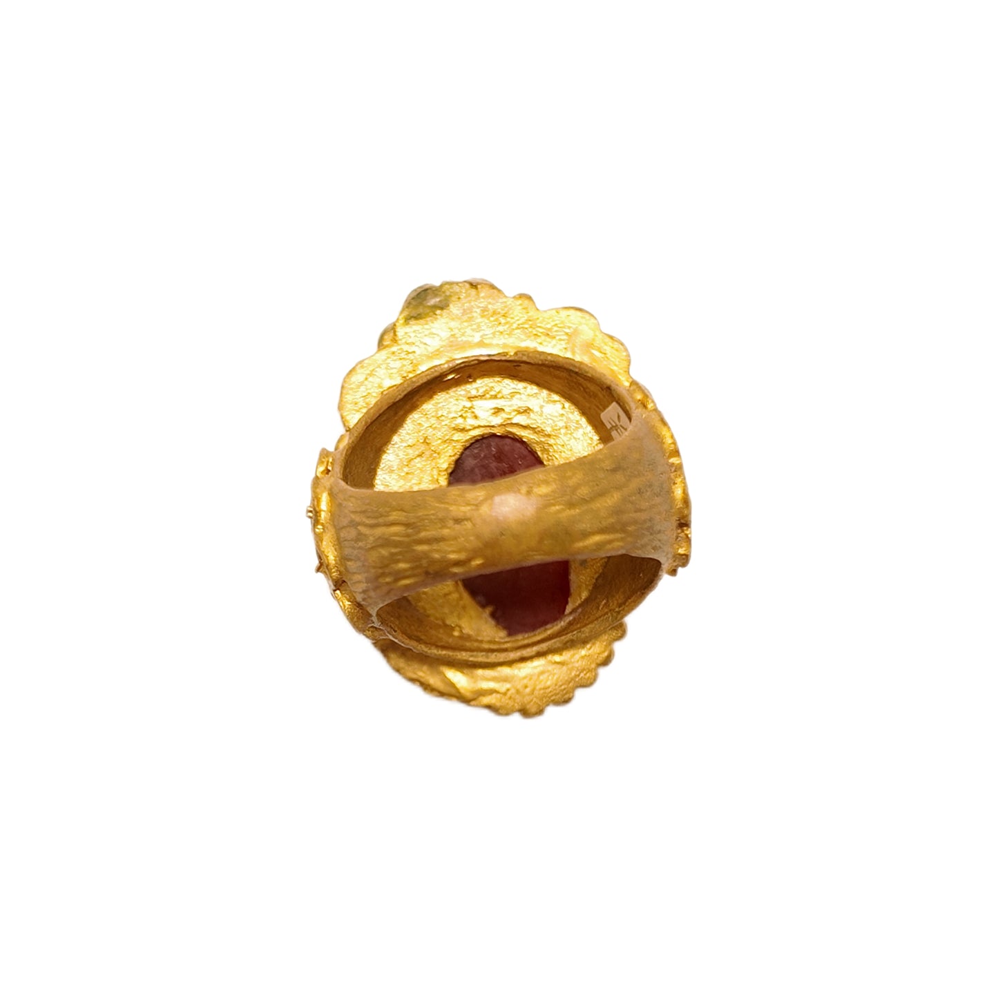 Vintage British 1960s Red Agate Brass Ring with Three Dimensional Pattern Palace Vintage Style
