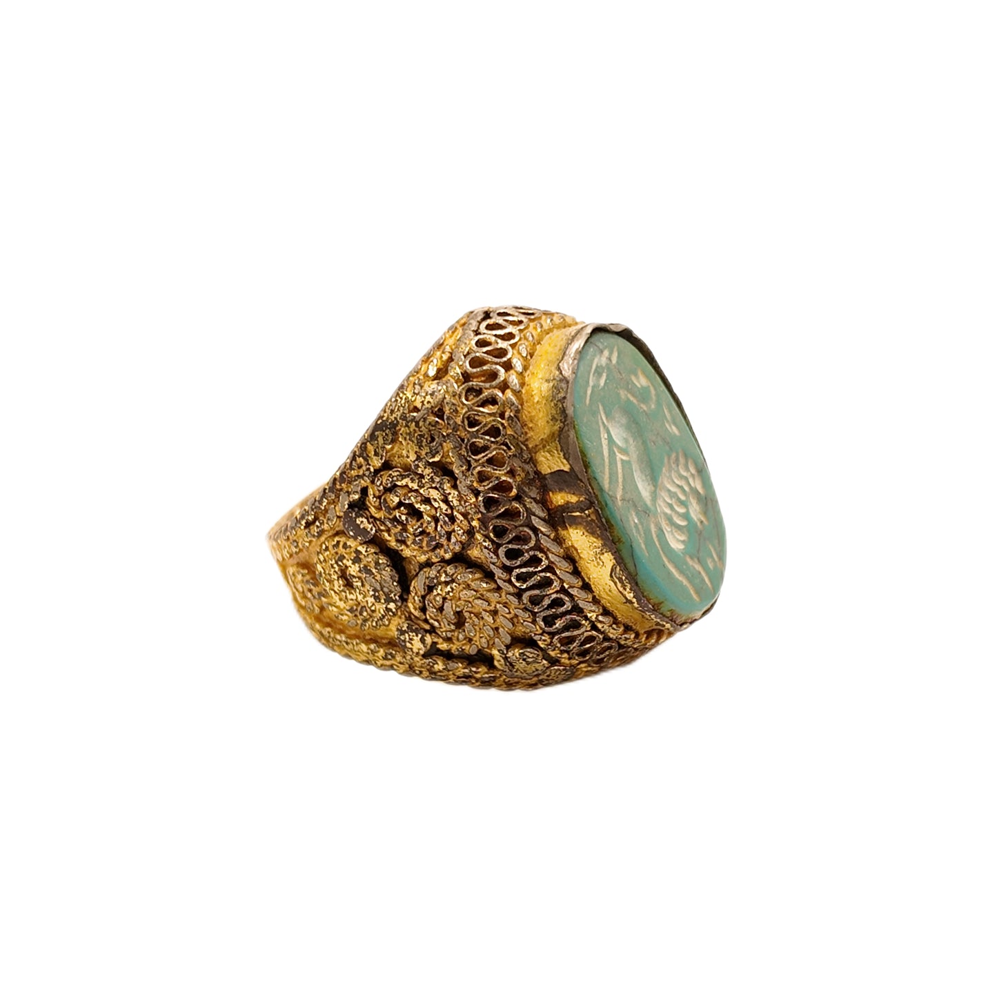 Vintage British 1960s Green Natural Stone Brass Ring Pattern Carving Palace Vintage Style