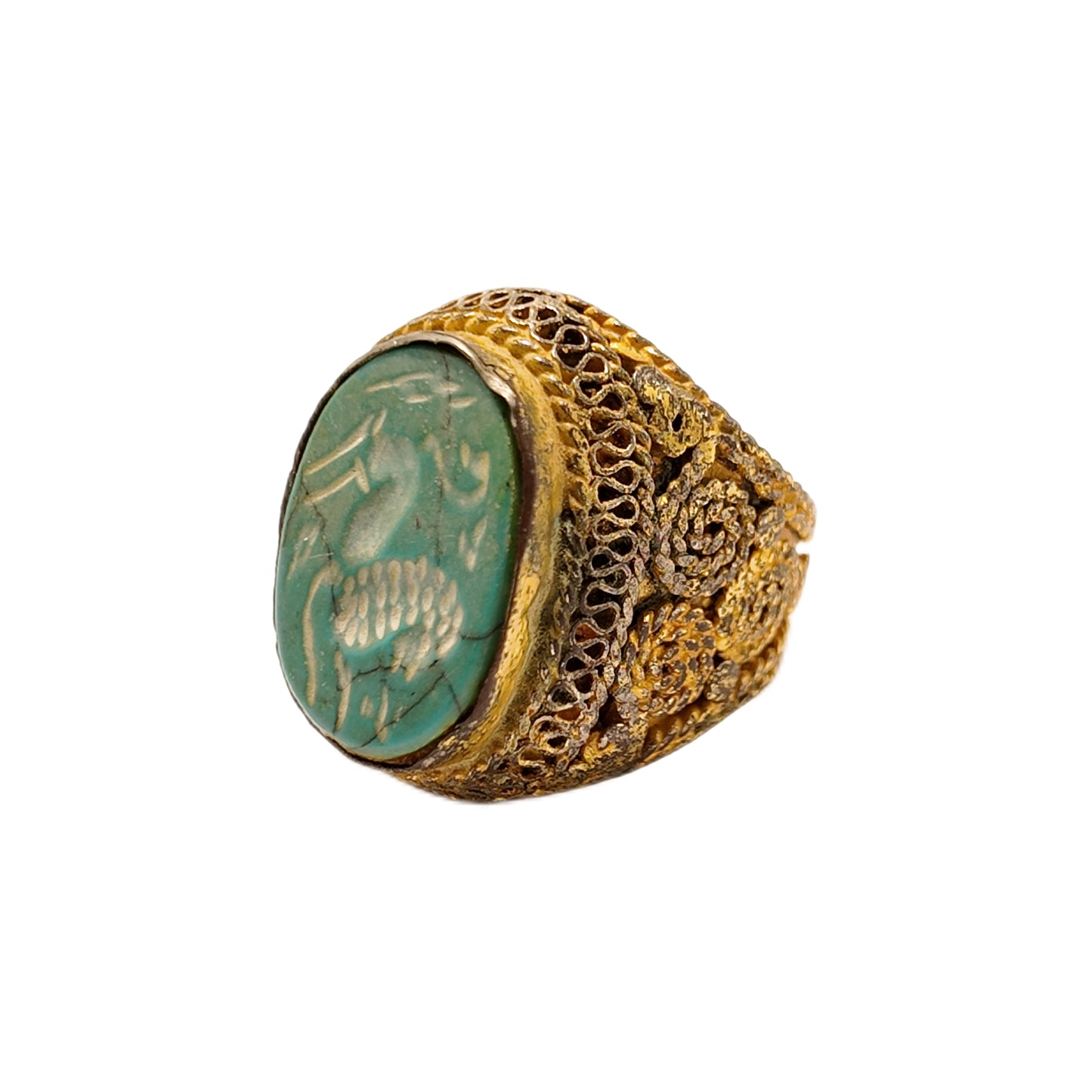 Vintage British 1960s Green Natural Stone Brass Ring Pattern Carving Palace Vintage Style