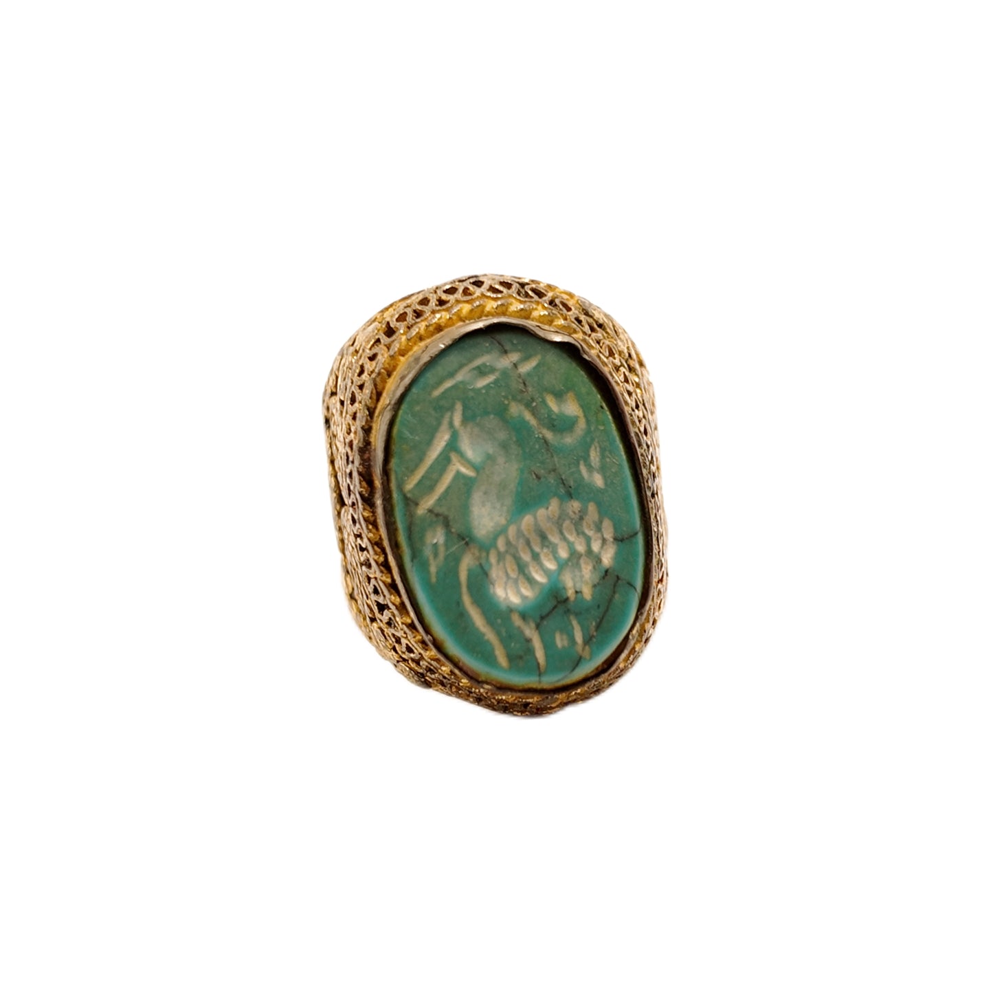 Vintage British 1960s Green Natural Stone Brass Ring Pattern Carving Palace Vintage Style