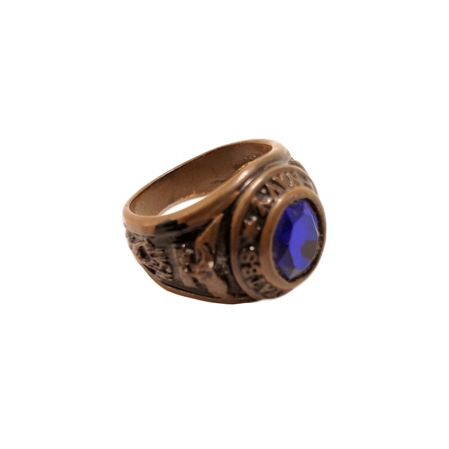 Vintage British 1960s Rhinestone brass ring with round letters engraved in the palace retro style