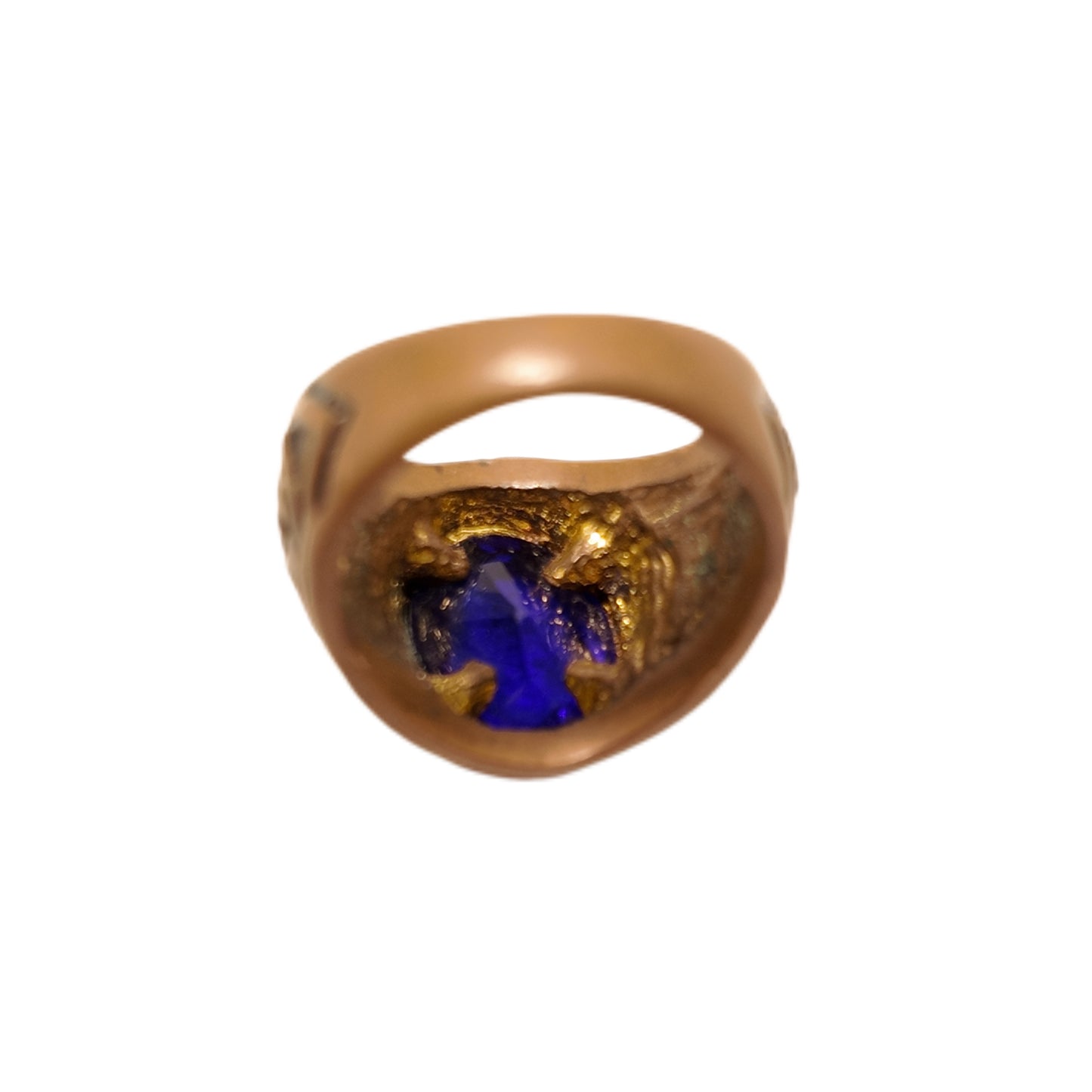 Vintage British 1960s Rhinestone brass ring with round letters engraved in the palace retro style