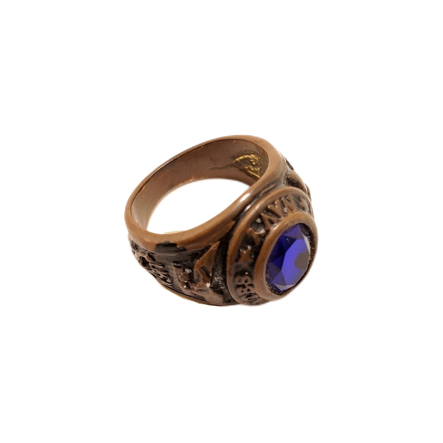 Vintage British 1960s Rhinestone brass ring with round letters engraved in the palace retro style