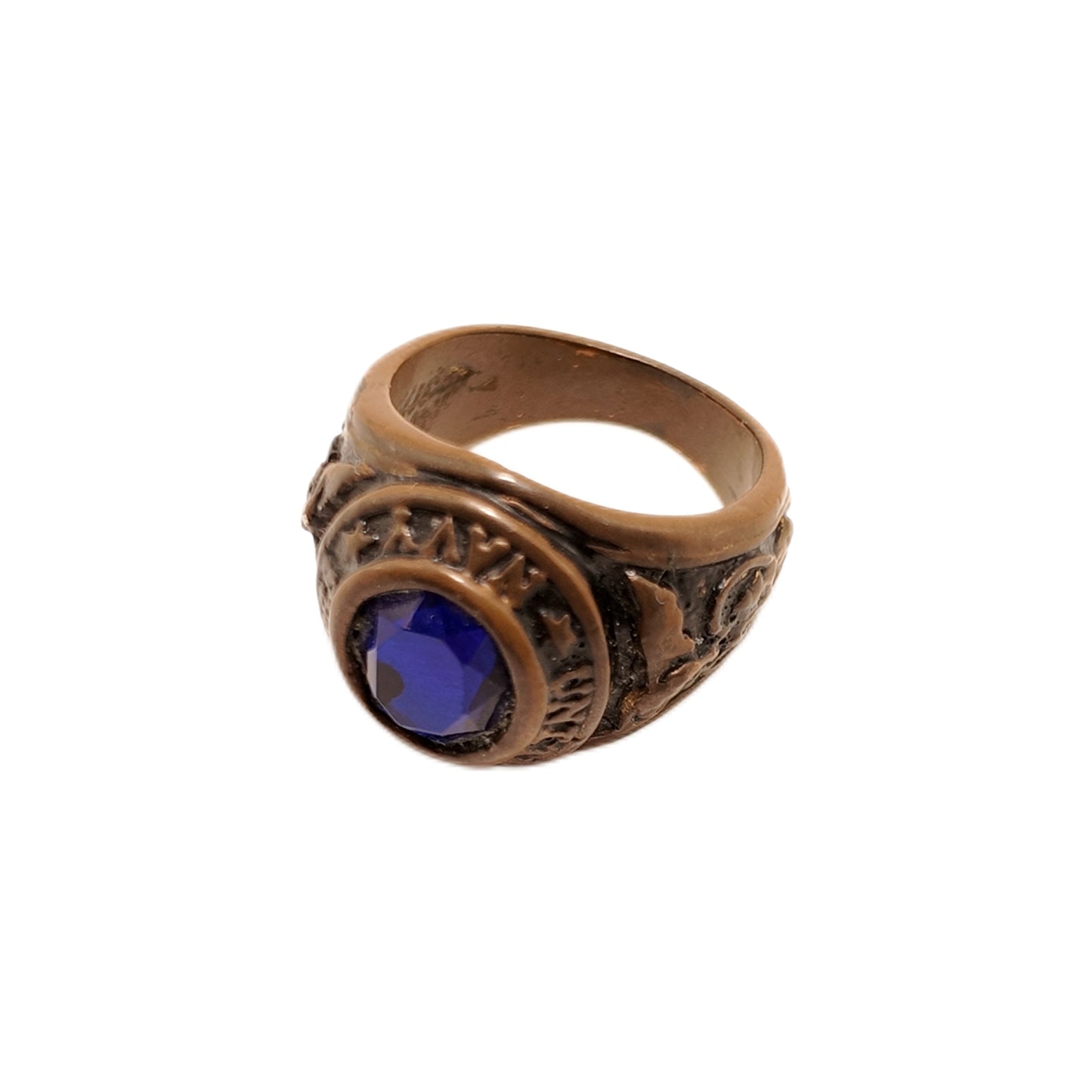 Vintage British 1960s Rhinestone brass ring with round letters engraved in the palace retro style