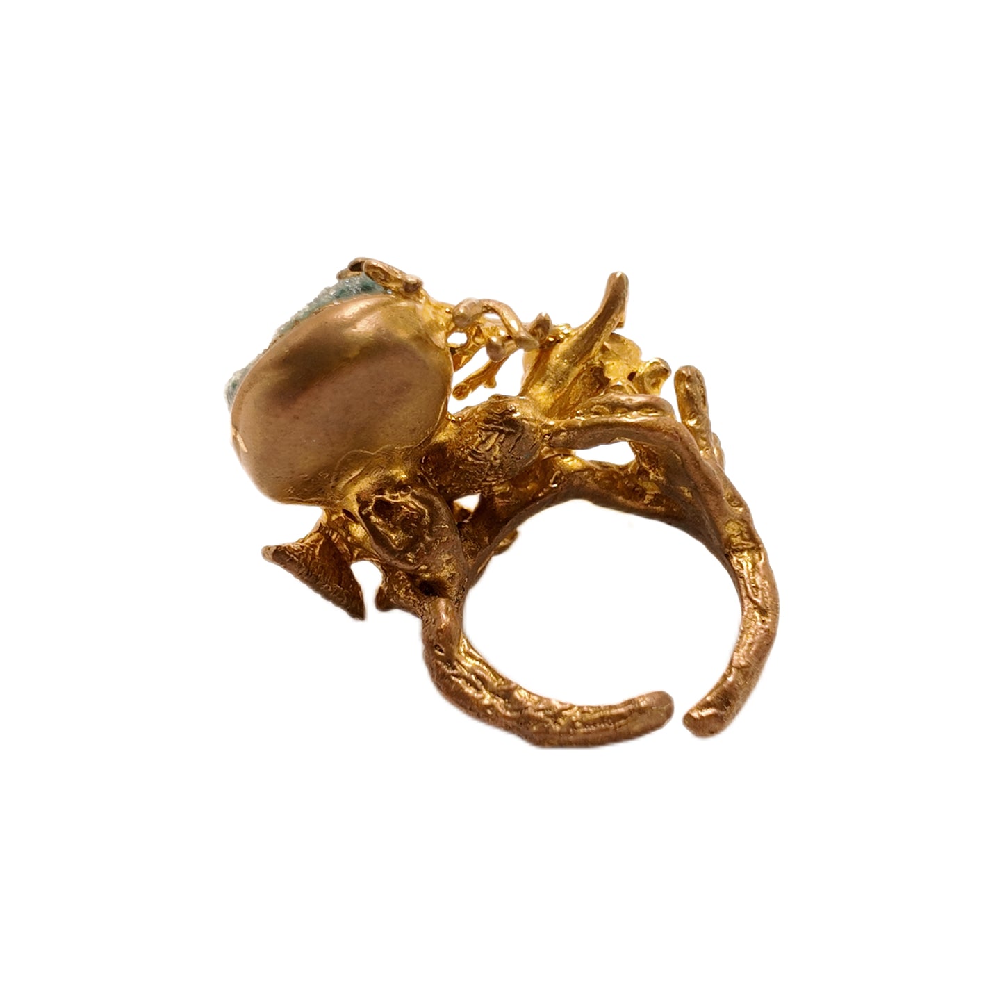 Vintage British 1960s Natural Stone Brass Open Ring Mermaid Three Dimensional Surrounding Palace Vintage Style