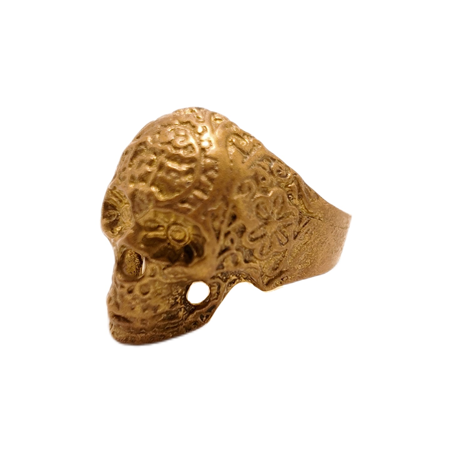 Vintage British 1960s brass ring skull carving pattern court retro style