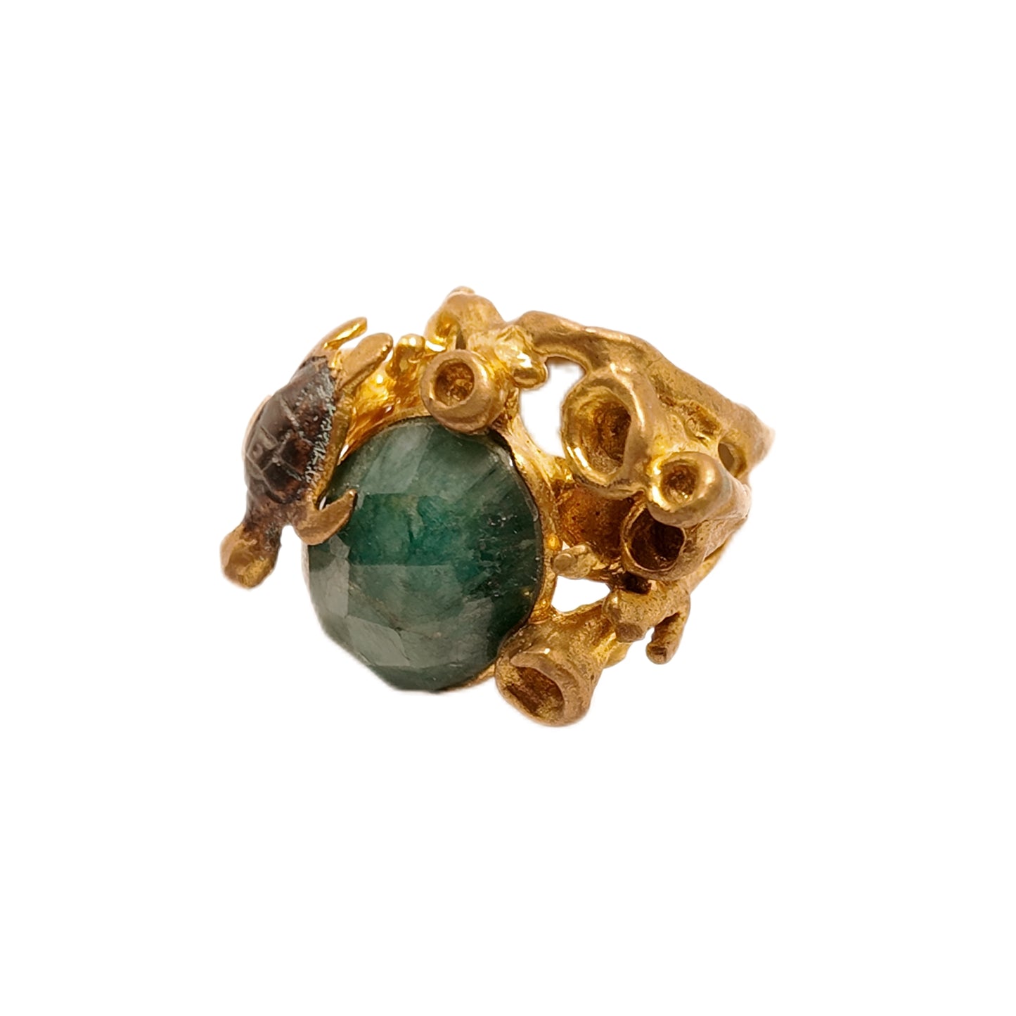 Vintage British 1960s Natural Stone Brass Open Ring with Turtle Three Dimensional Pattern Palace Vintage Style