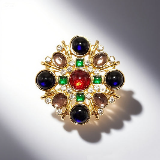 Vintage cross brooch blue green red orange glazed palace retro style
