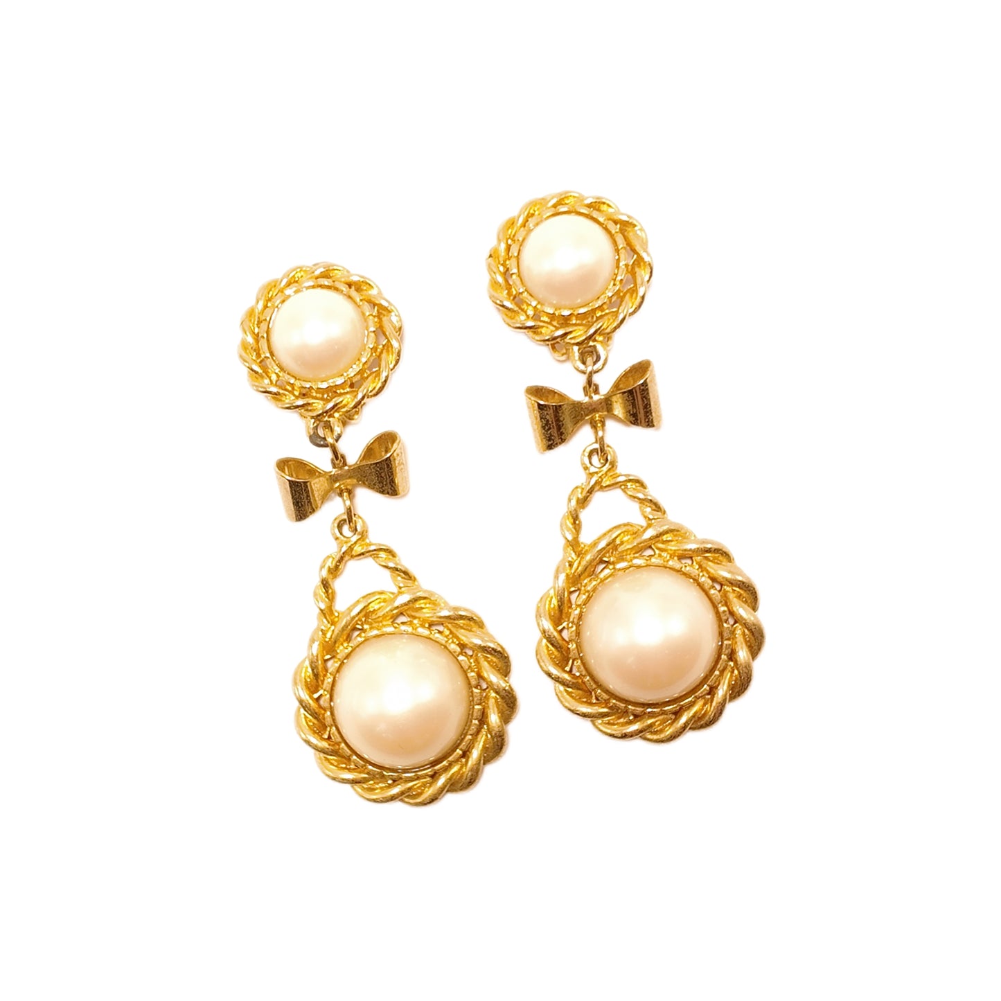 Vintage French 90s bow ear clip white imitation pearl sweeping shoulder court retro style