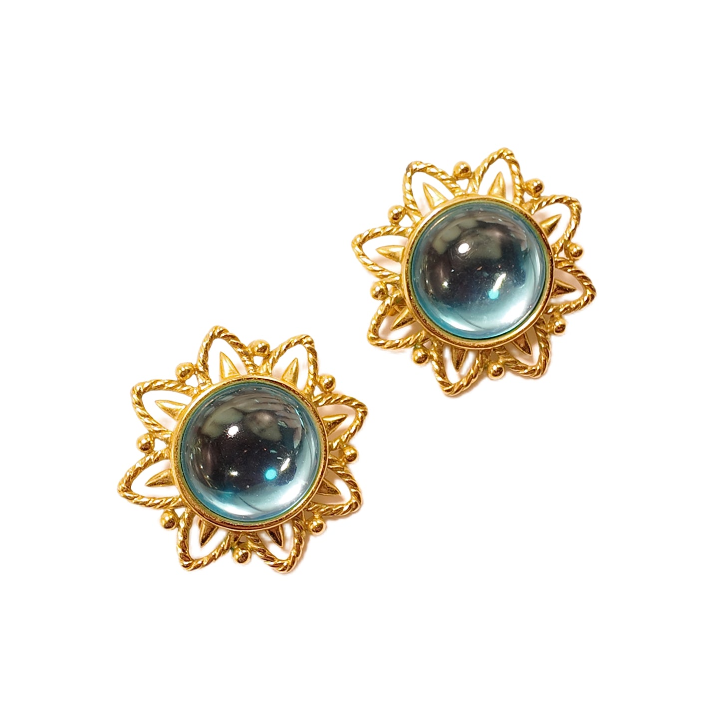 Vintage French 70s Sunflower shaped Ear Clip Trifari Label Blue Glass Palace Vintage Style